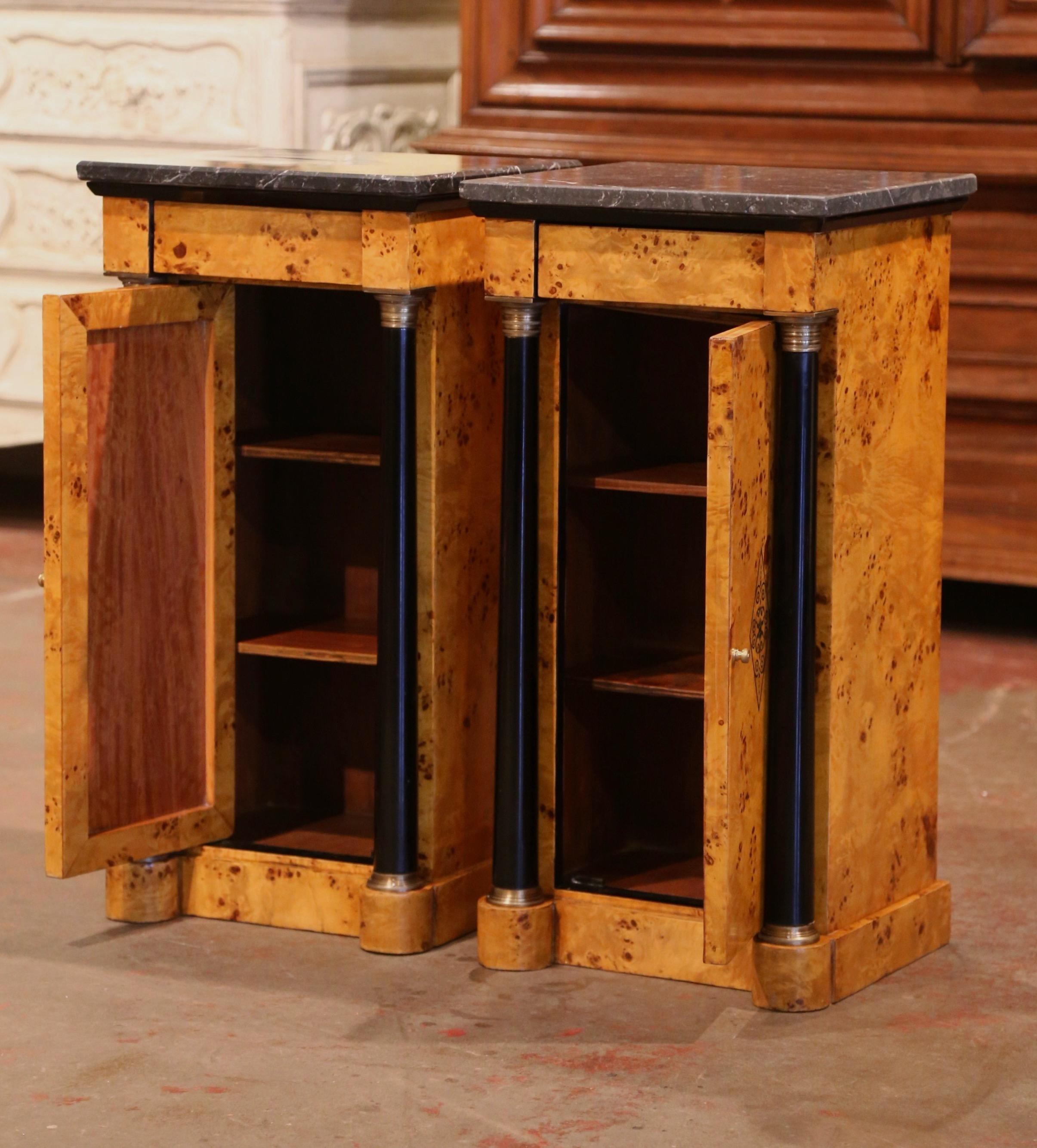 Pair of 19th Century French Empire Elm and Ebonized Nightstands with Marble Tops 1