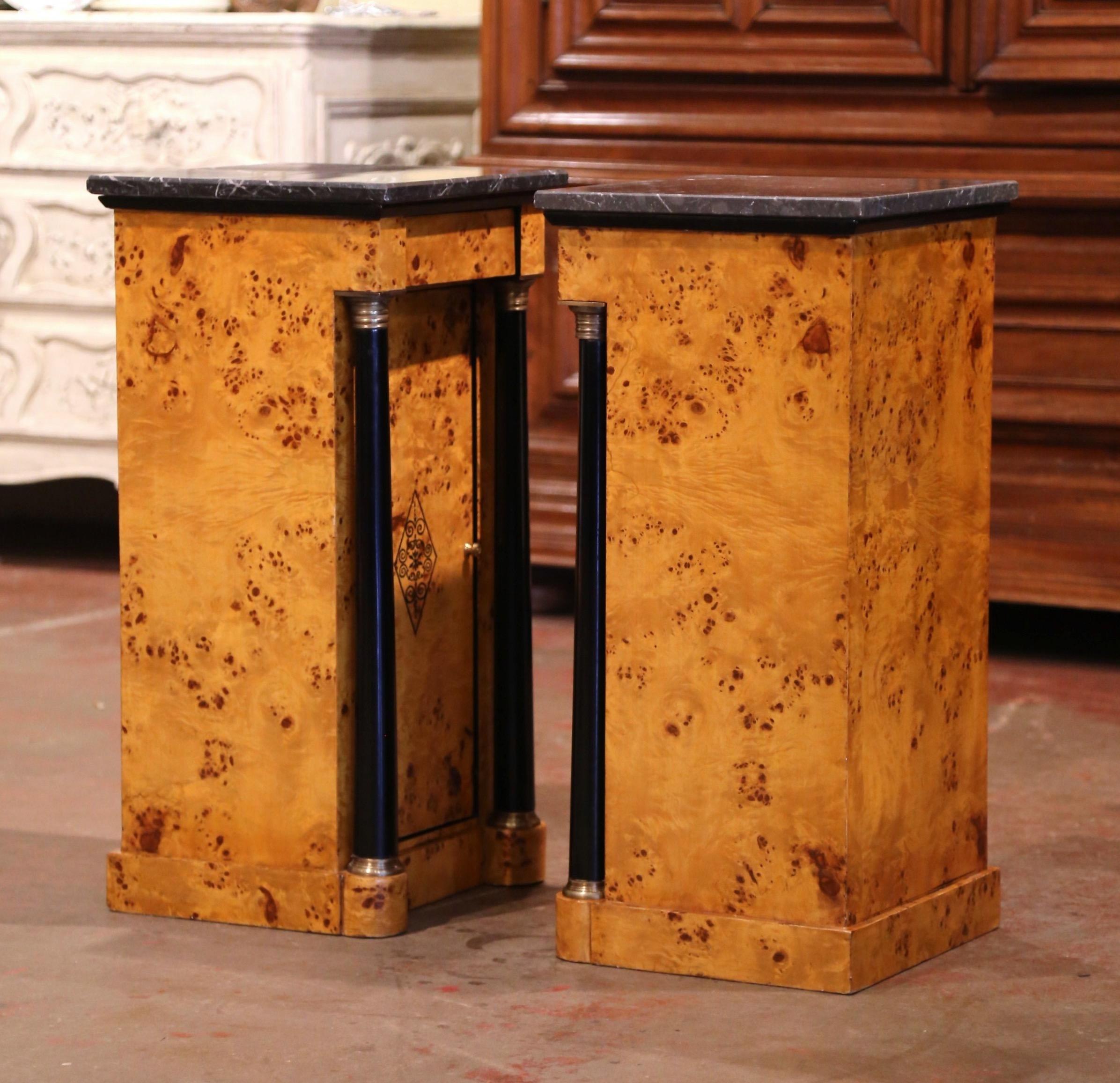 Pair of 19th Century French Empire Elm and Ebonized Nightstands with Marble Tops 3