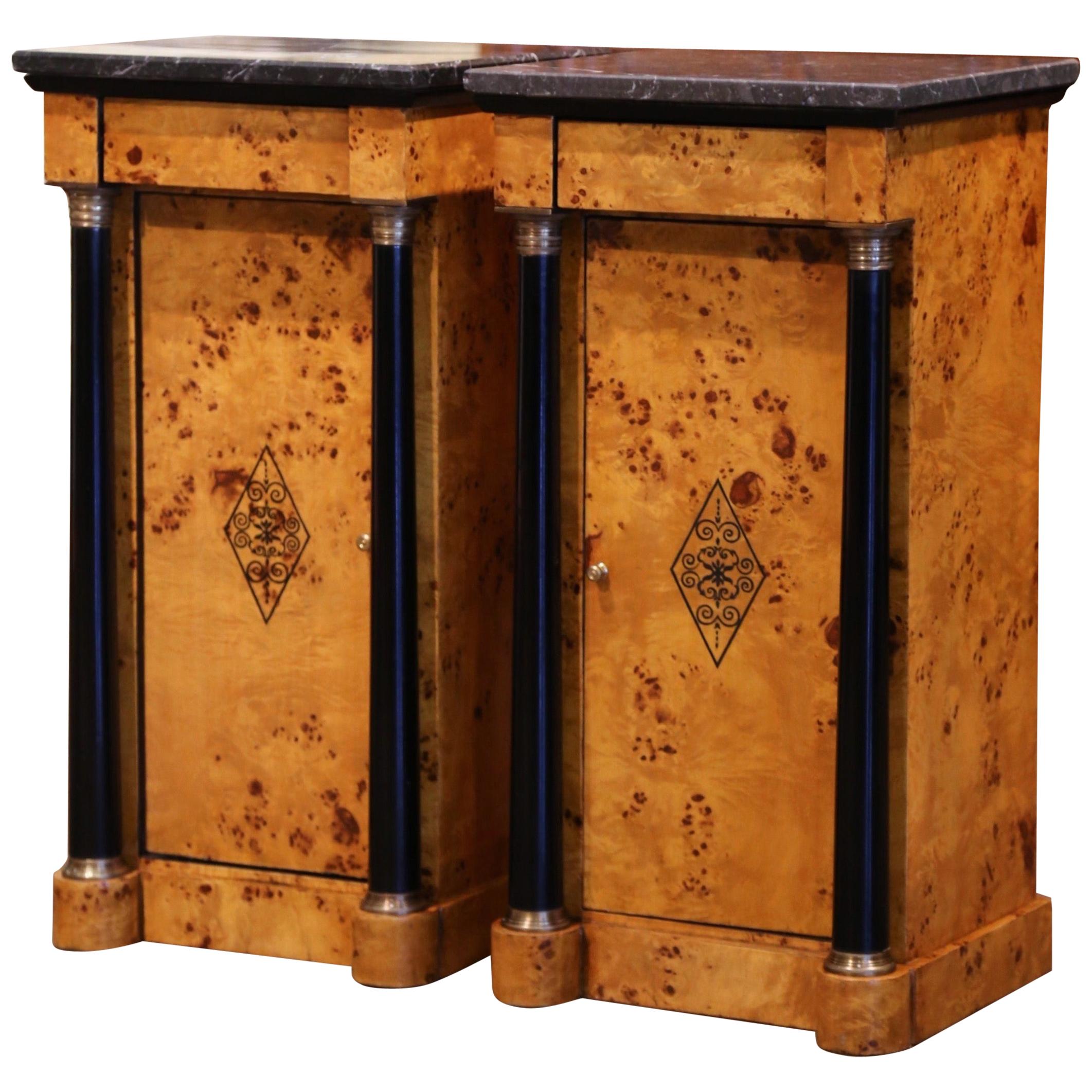 Pair of 19th Century French Empire Elm and Ebonized Nightstands with Marble Tops