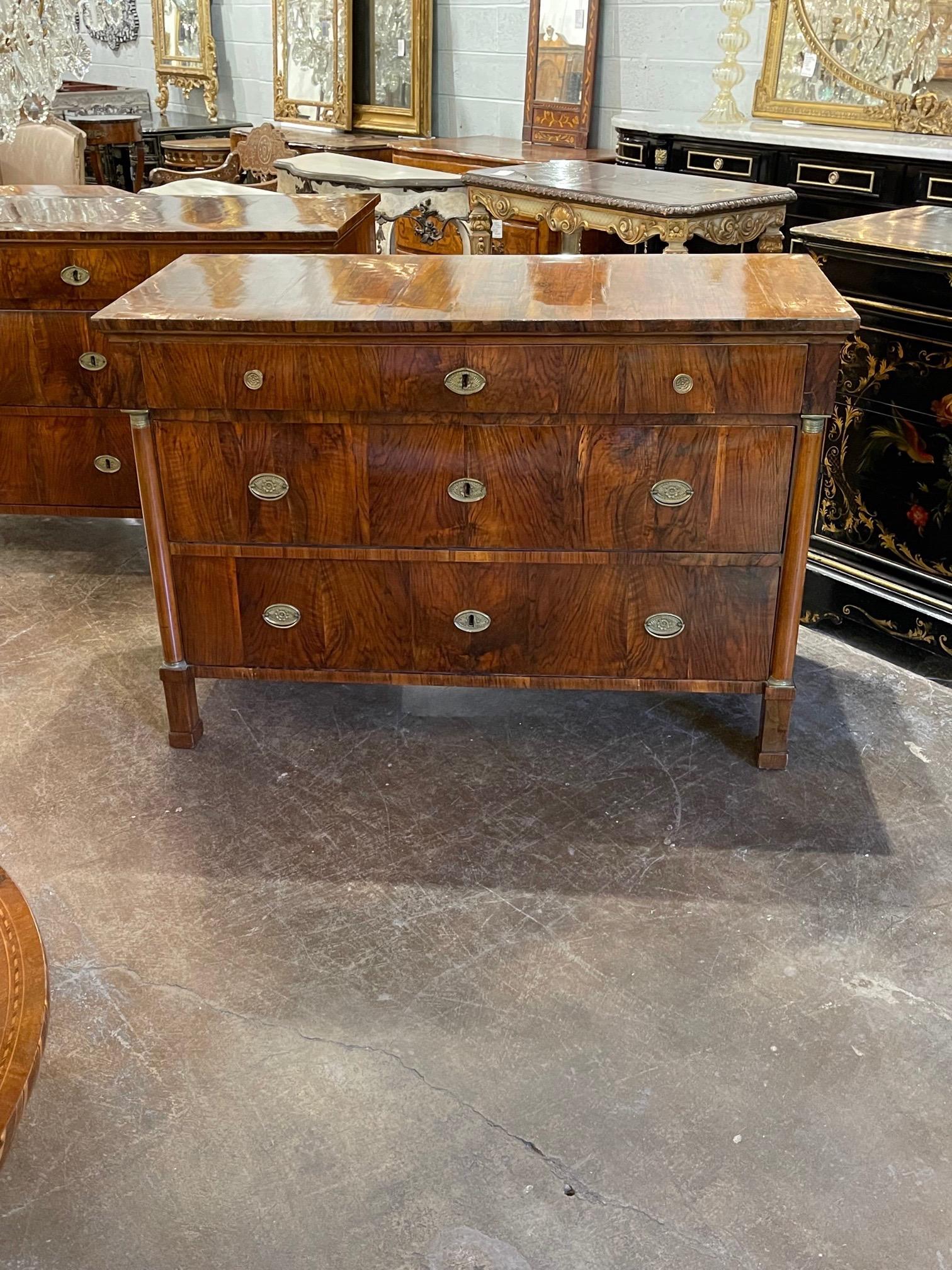 Exceptional pair of 19th century French Empire exotic black walnut commode. Gorgeous polished finish and beautiful clean lines. Very fine quality. Fabulous!!