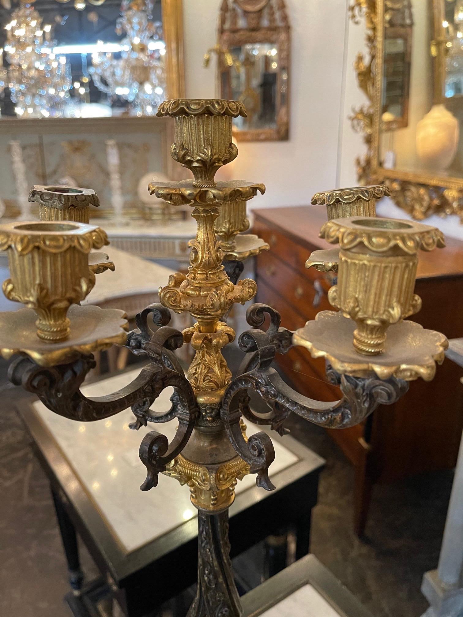 Pair of 19th Century French Empire Gilt Bronze 6-Light Candelabras In Good Condition In Dallas, TX