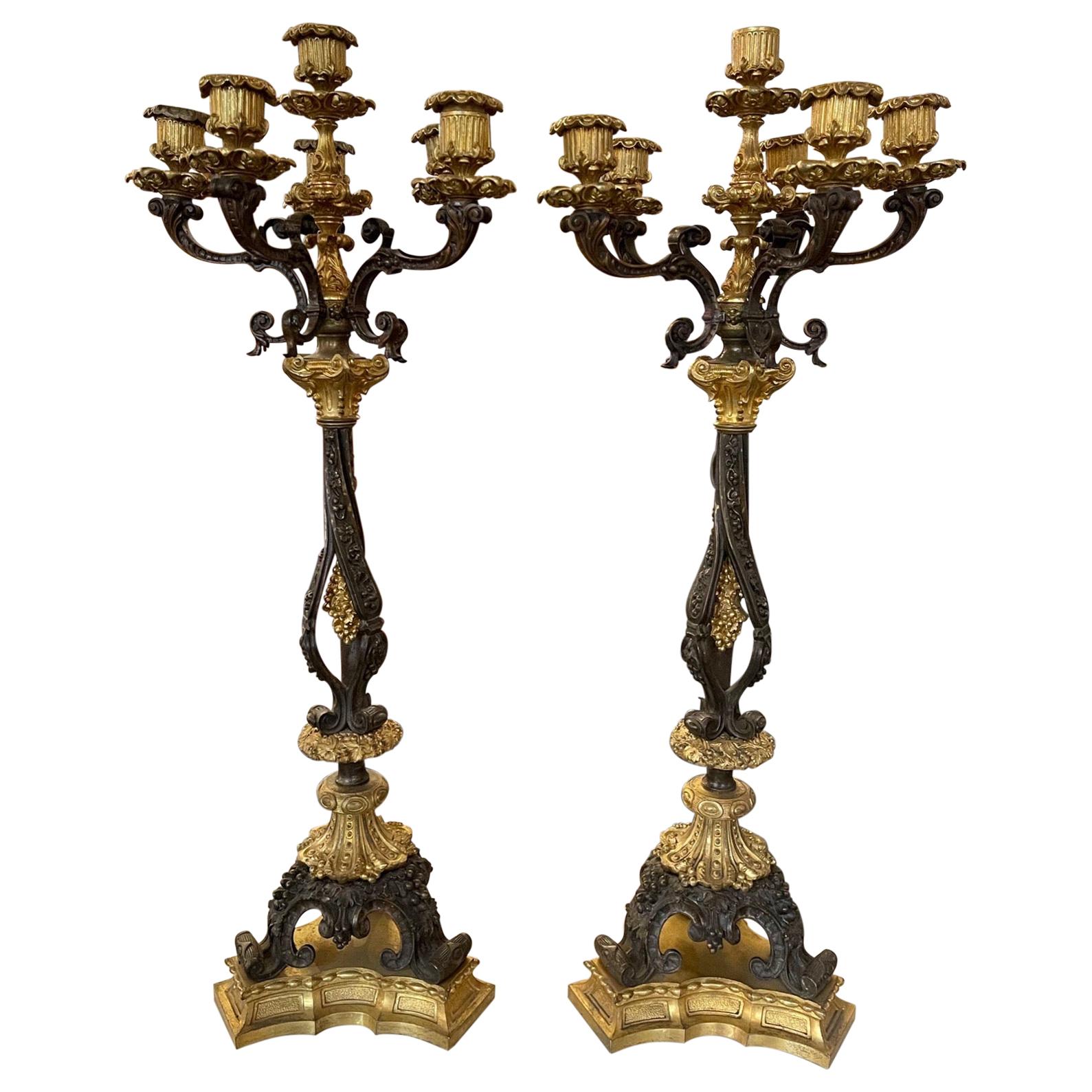 Pair of 19th Century French Empire Gilt Bronze 6-Light Candelabras