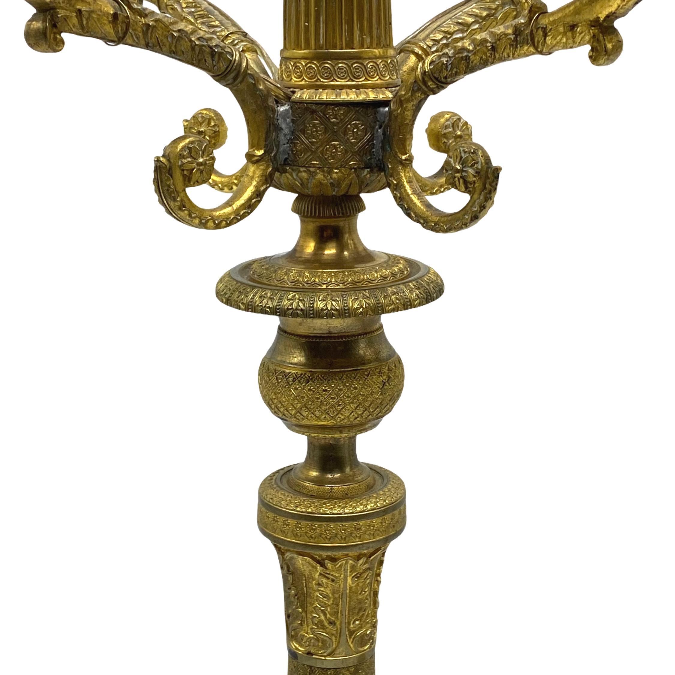 Restauration pair of 19th Century French Empire Gilt Bronze Candelabra Lamps  For Sale