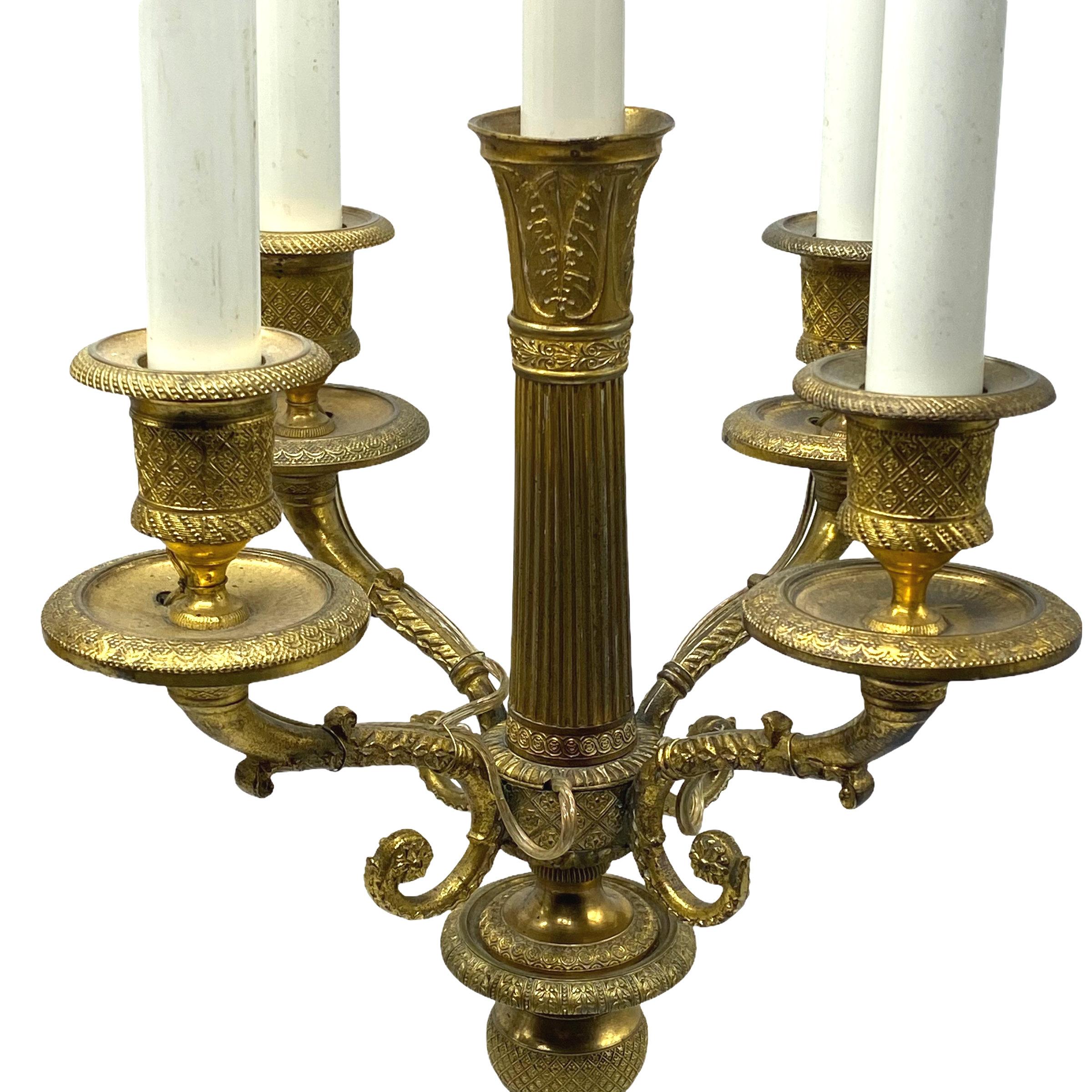 pair of 19th Century French Empire Gilt Bronze Candelabra Lamps  In Good Condition For Sale In New York, NY