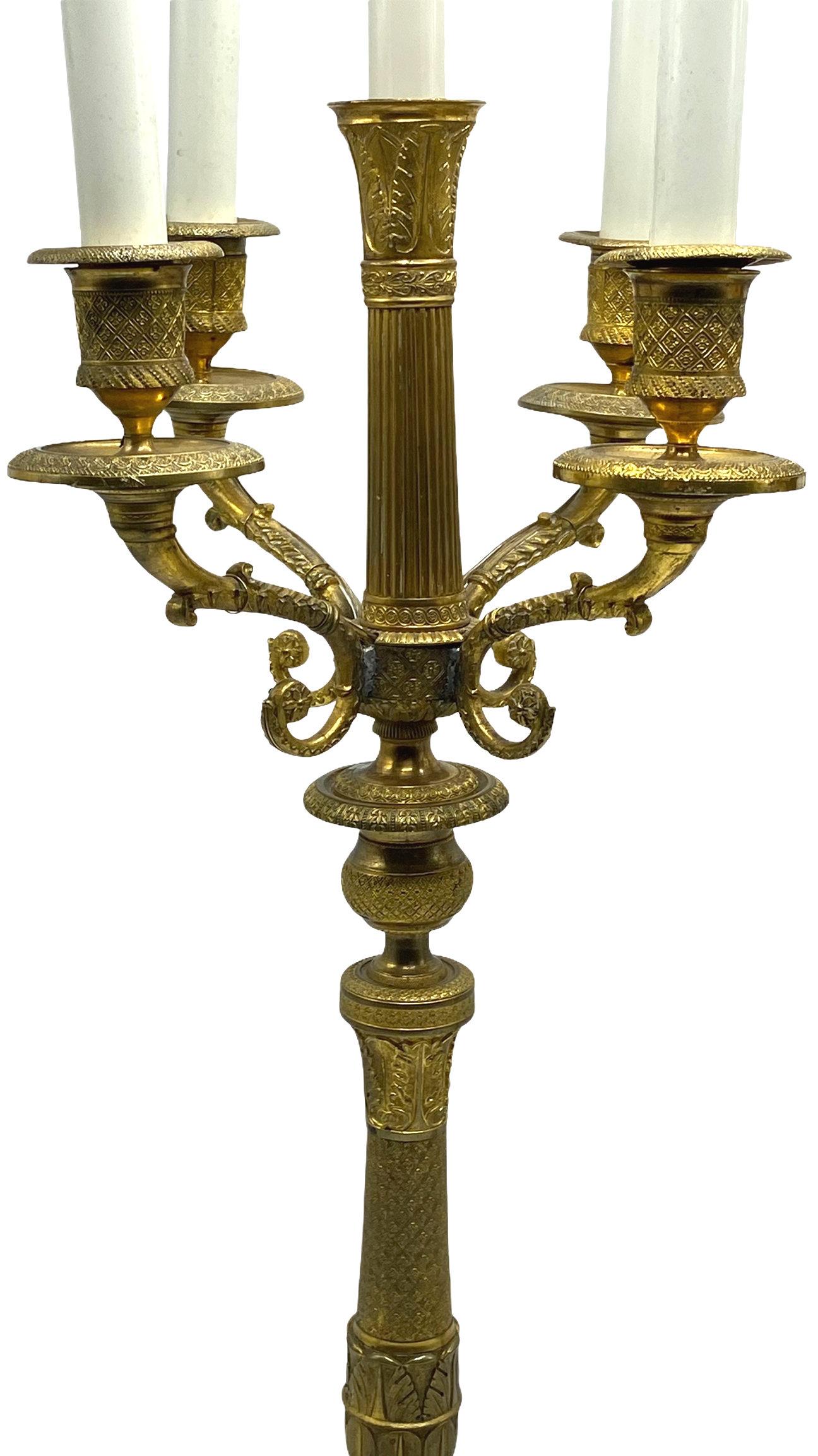 pair of 19th Century French Empire Gilt Bronze Candelabra Lamps  For Sale 3
