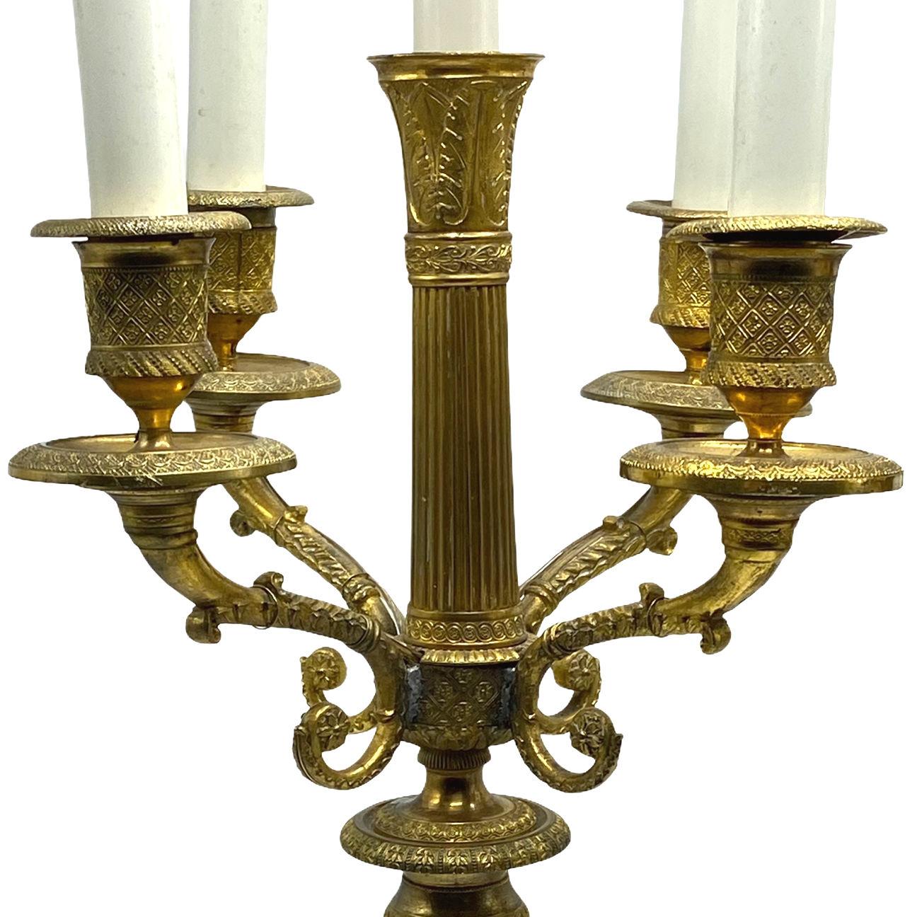 pair of 19th Century French Empire Gilt Bronze Candelabra Lamps  For Sale 4