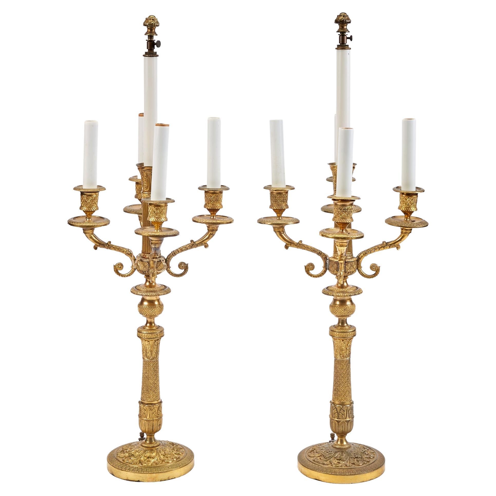 pair of 19th Century French Empire Gilt Bronze Candelabra Lamps  For Sale