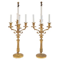 pair of 19th Century French Empire Gilt Bronze Candelabra Lamps 