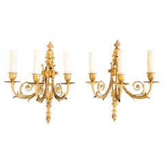 Pair of 19th Century French Empire Gilt Bronze Three Light Candelabras Sconces