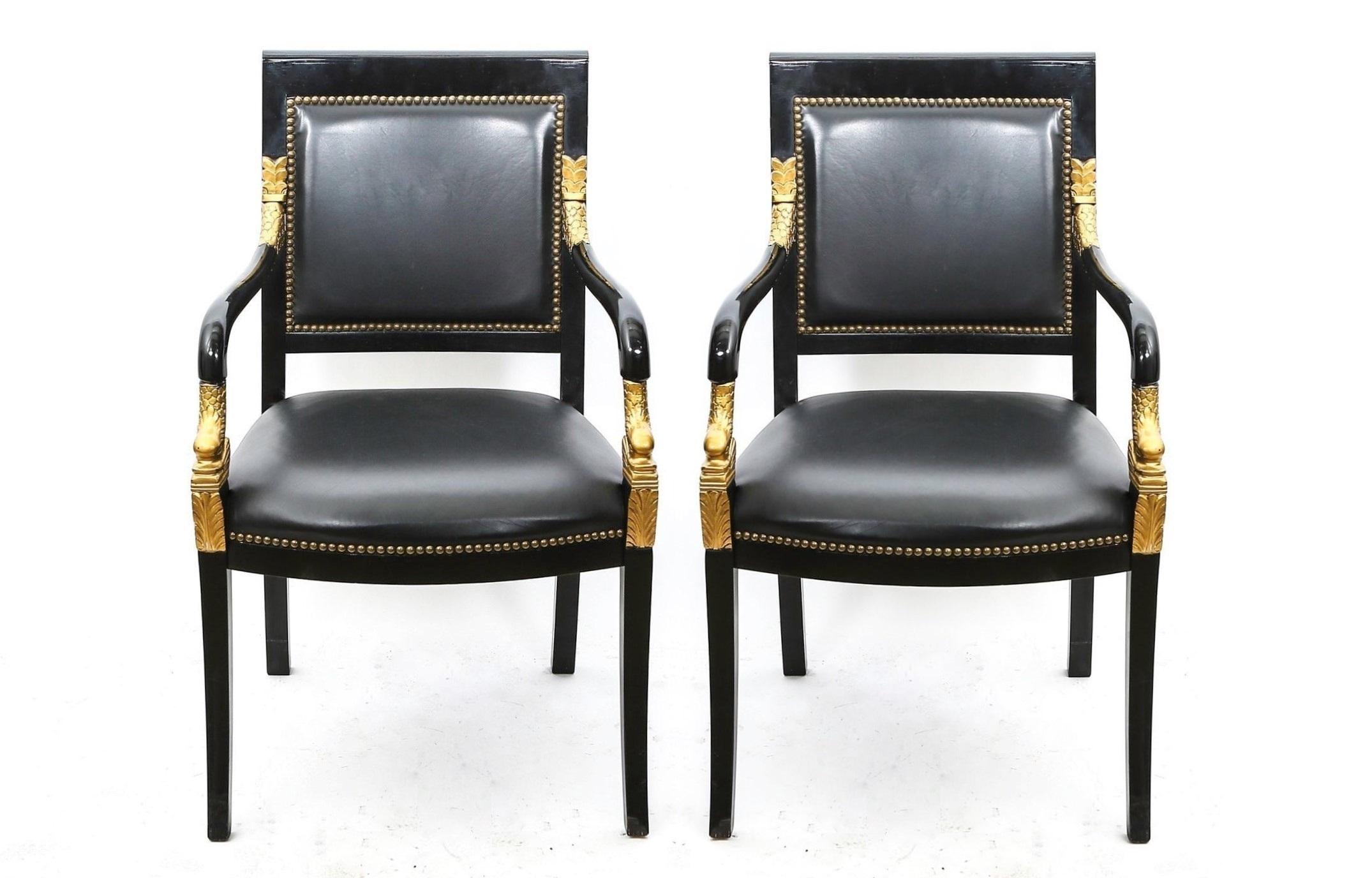Pareja de Fauteuils Lacados Imperio Francés del Siglo XIX Cuero en venta