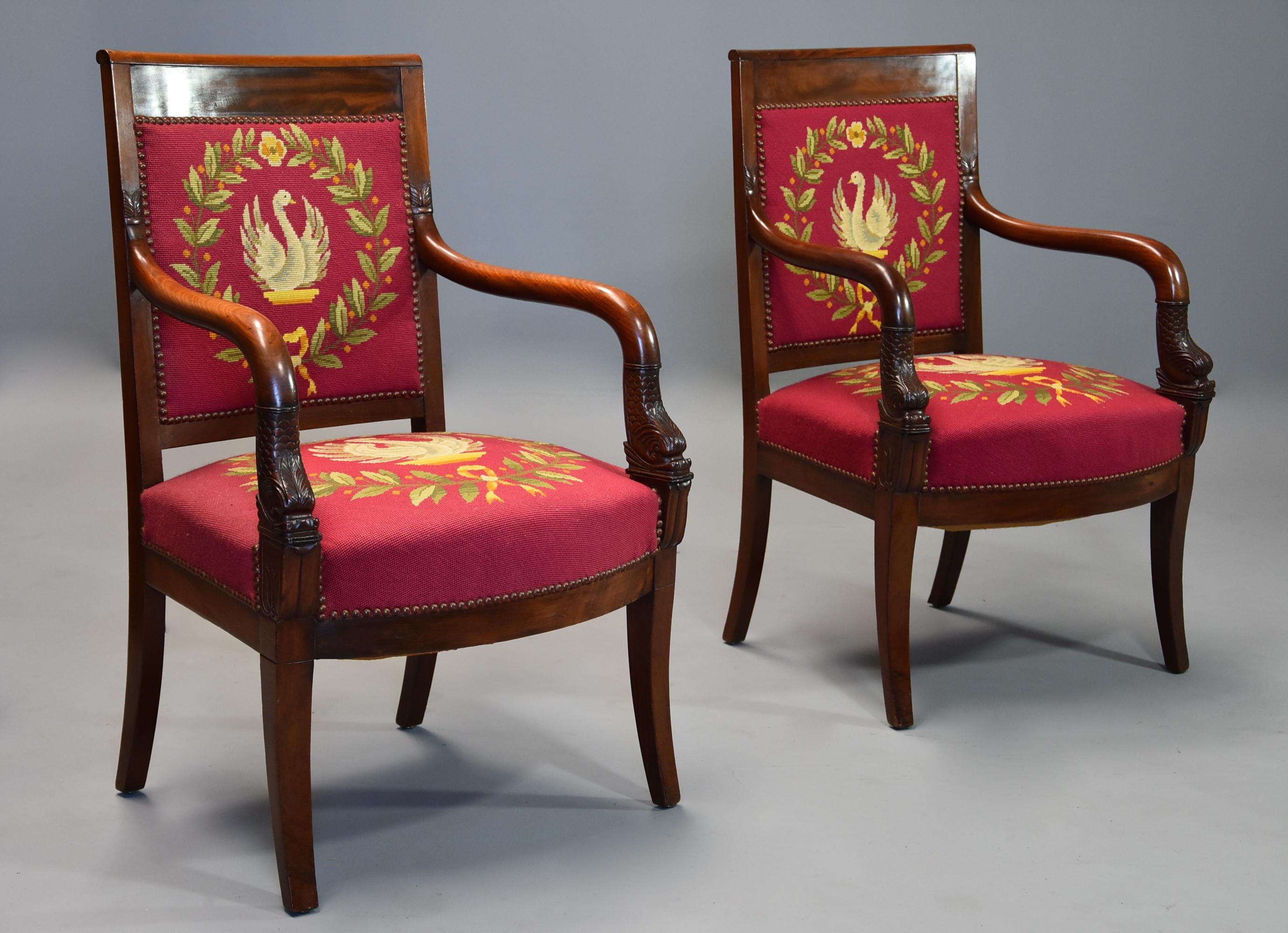 Late 19th Century Pair of 19th Century French Empire Mahogany Fauteuils or Open Armchairs