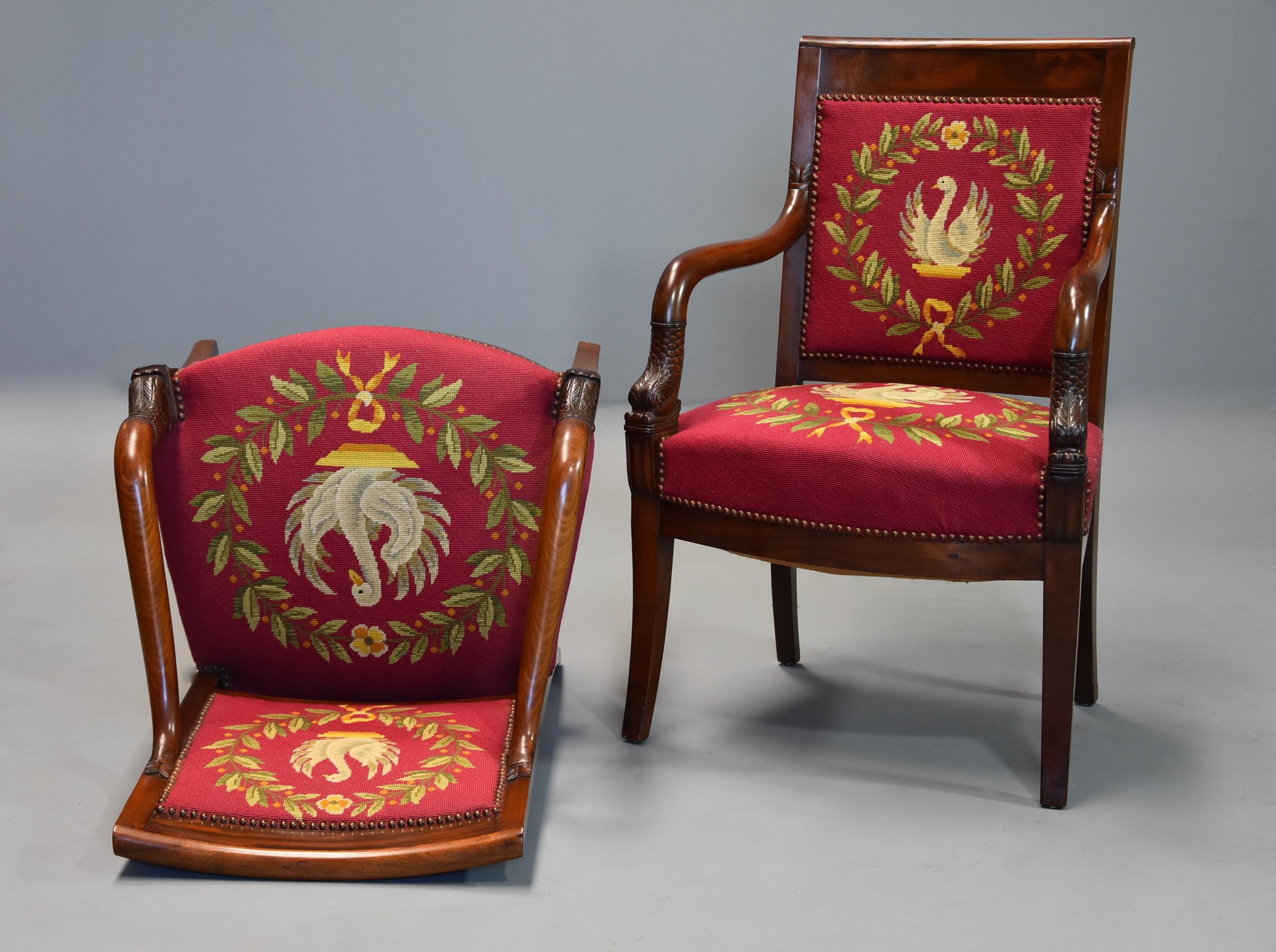 Pair of 19th Century French Empire Mahogany Fauteuils or Open Armchairs 1