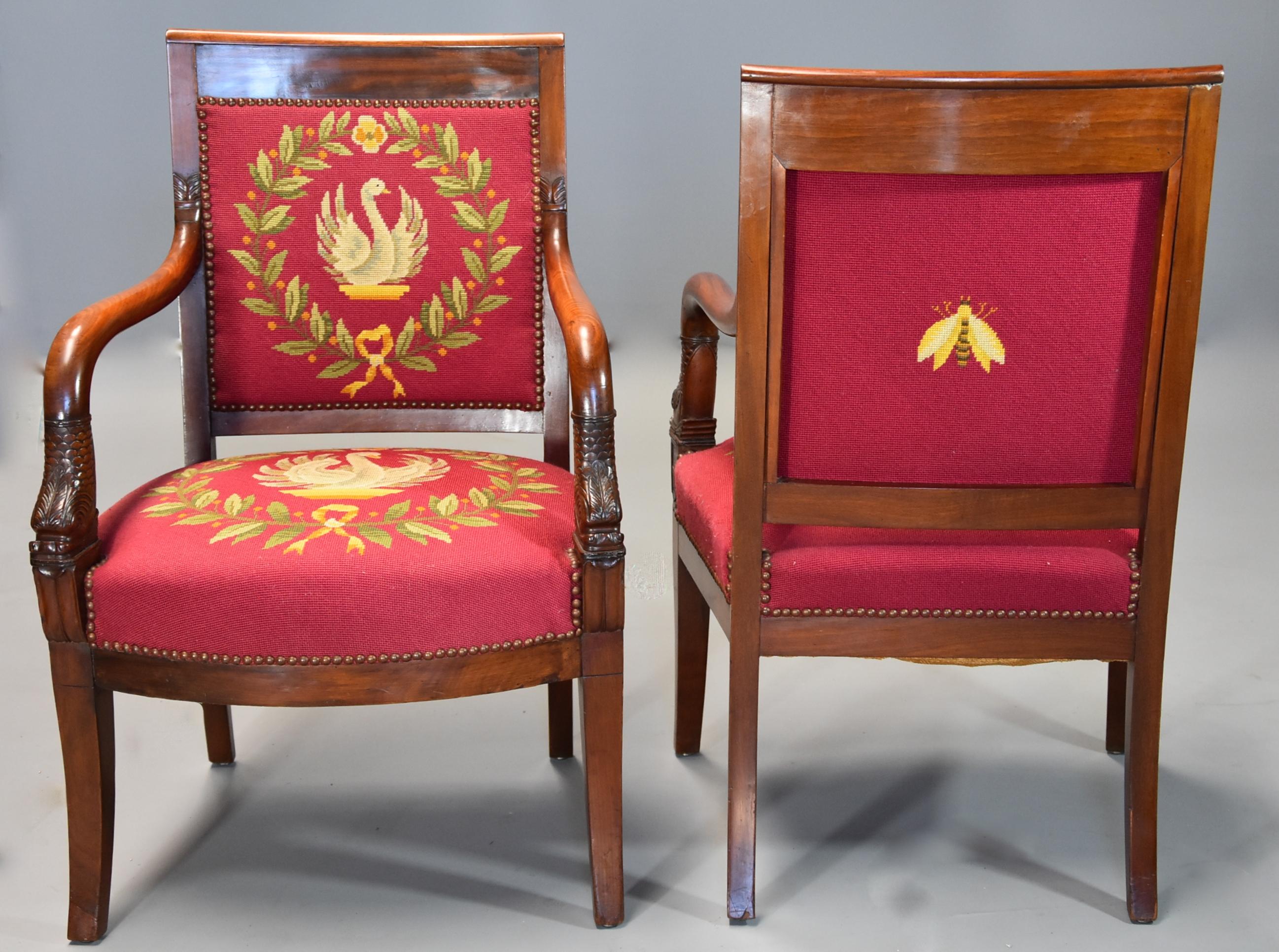 Pair of 19th Century French Empire Mahogany Fauteuils or Open Armchairs 2