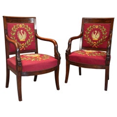 Pair of 19th Century French Empire Mahogany Fauteuils or Open Armchairs