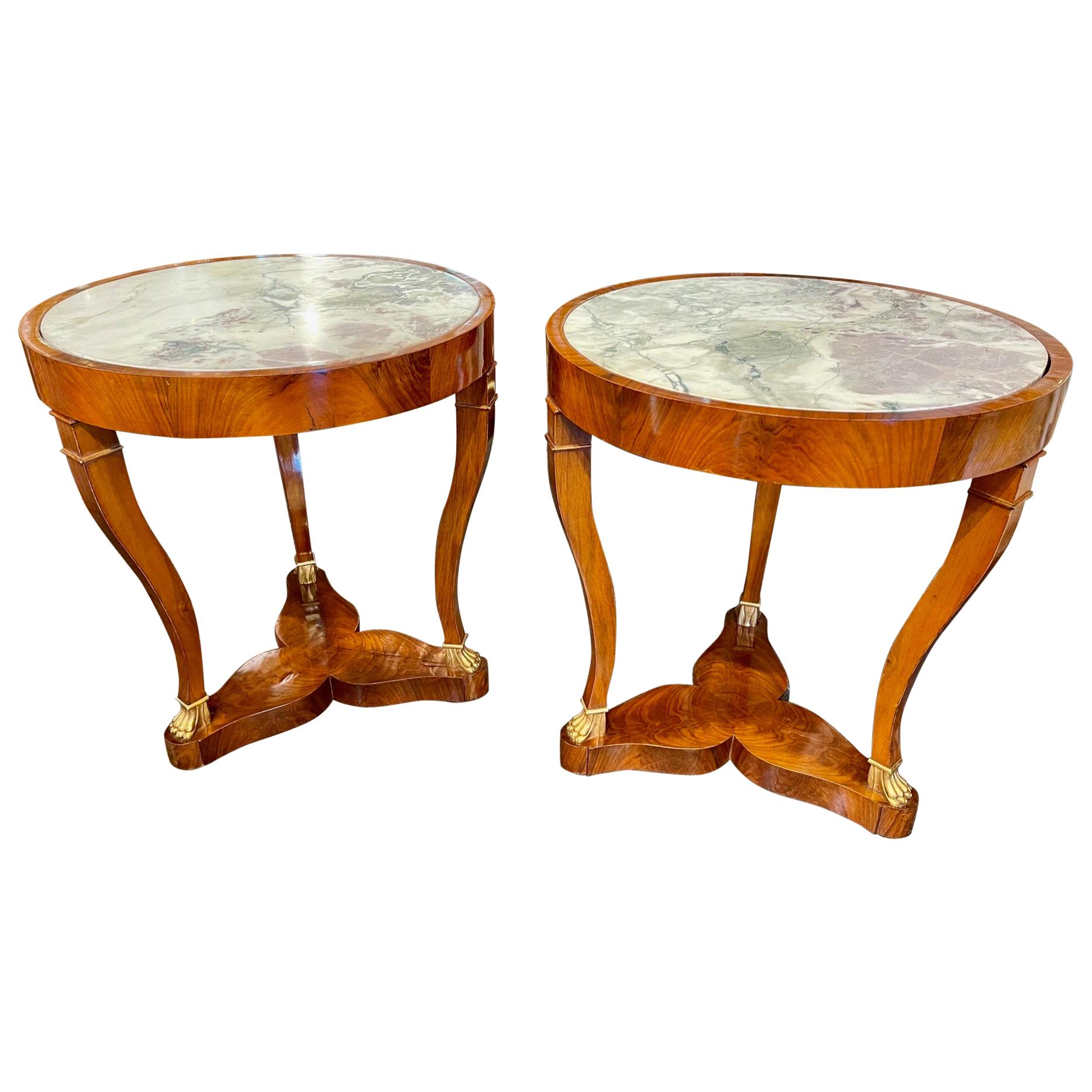 Pair of 19th Century French Empire Mahogany Tables with Inset Breccia Marble