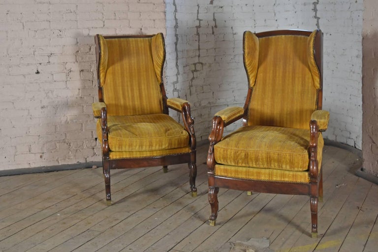 Pair of 19th Century French Empire Mahogany Wing-Back Armchairs In Good Condition For Sale In Troy, NY