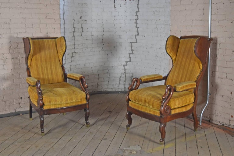 Pair of 19th Century French Empire Mahogany Wing-Back Armchairs For Sale 1