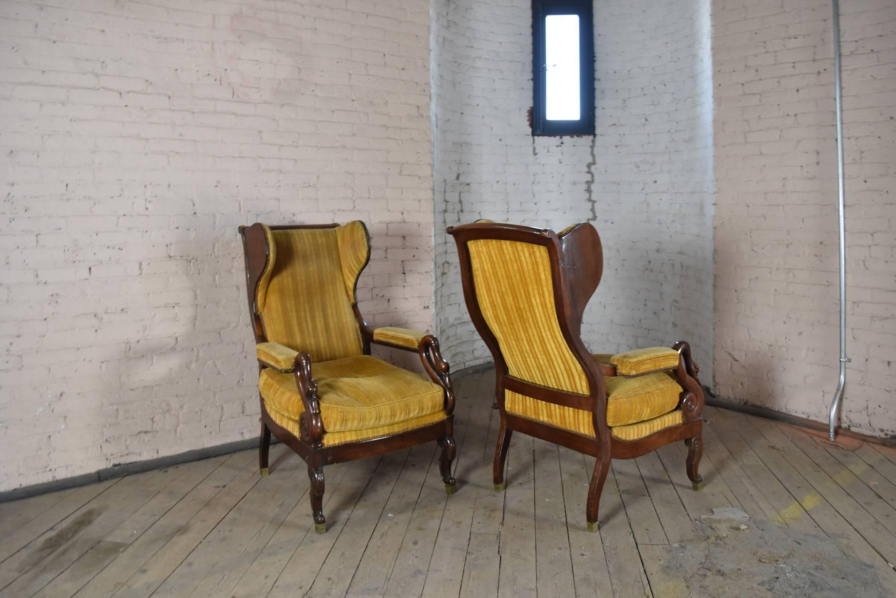 Pair of 19th Century French Empire Mahogany Wing-Back Armchairs For Sale 2