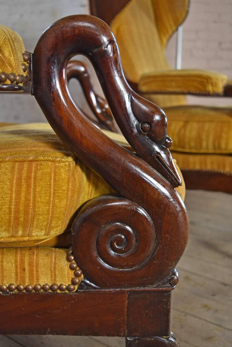 Pair of 19th Century French Empire Mahogany Wing-Back Armchairs For Sale 5