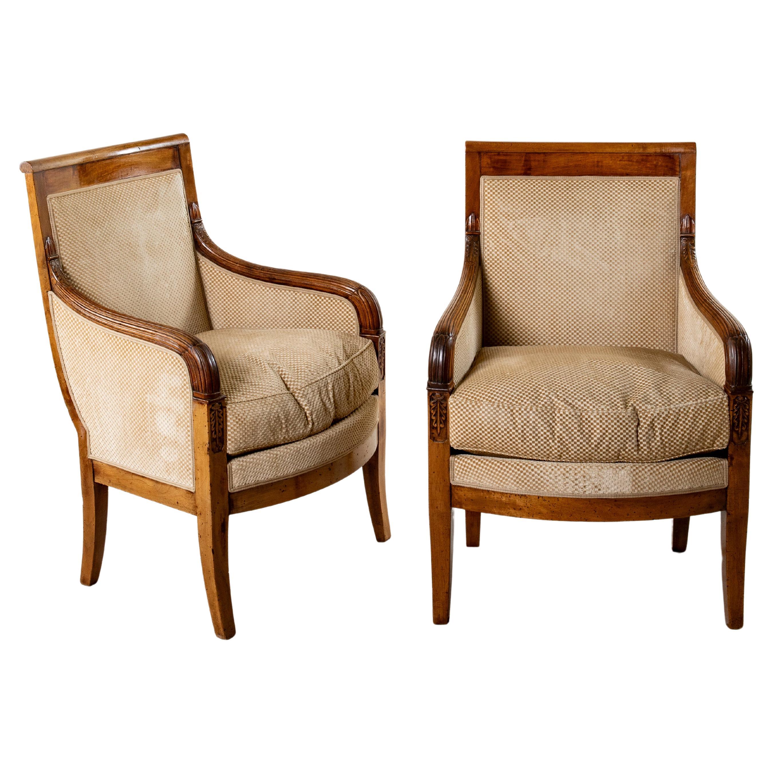 Pair of 19th Century French Empire Period Hand Carved Walnut Bergeres, Armchairs For Sale
