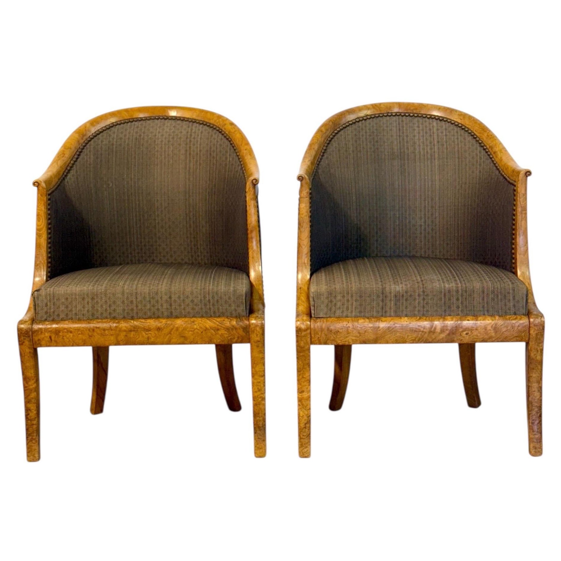 Pair of 19th Century French Empire Style Burl Wood Gondola Armchairs