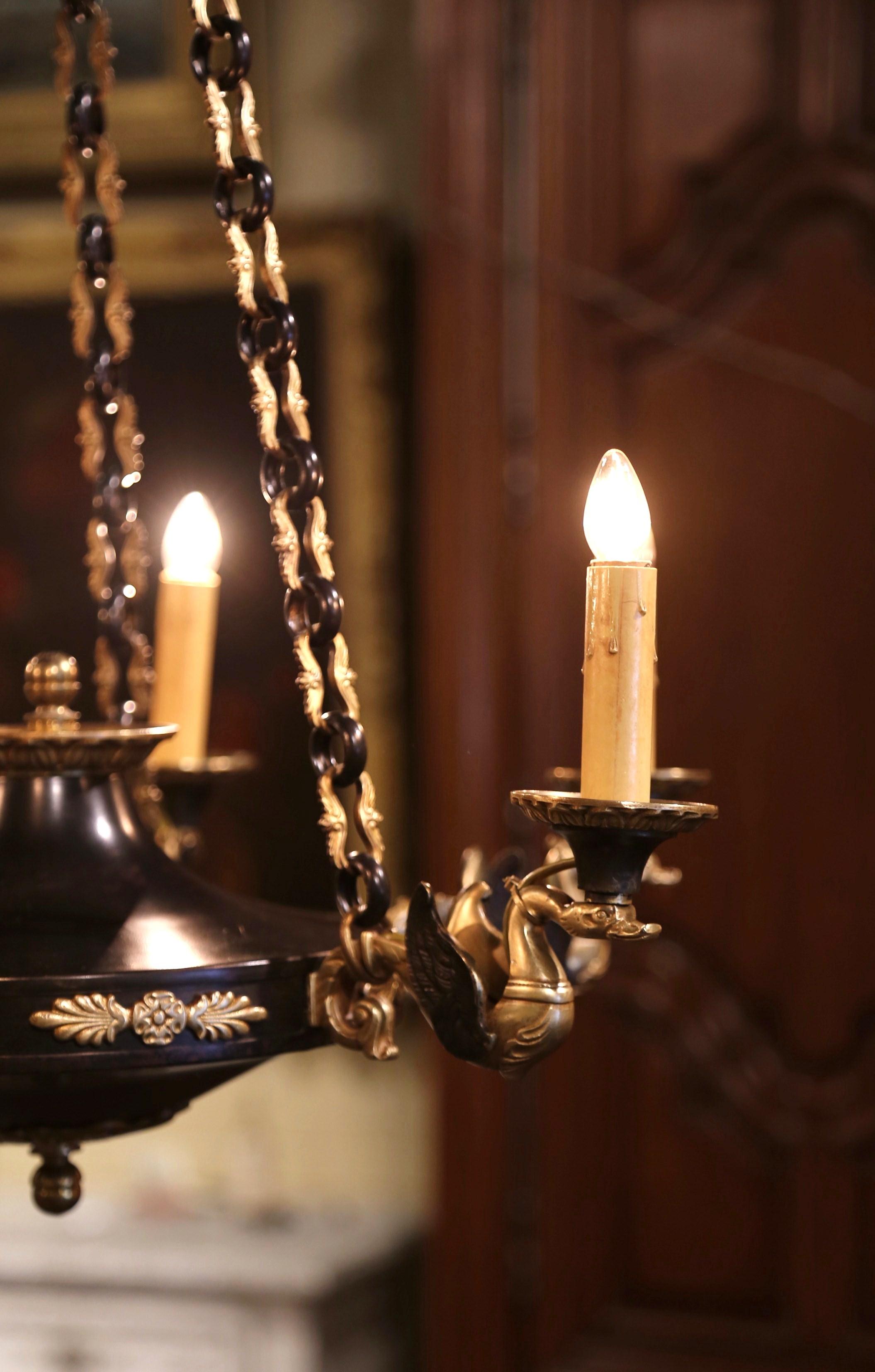 Pair of 19th Century French Empire Two-Tone Bronze Dore Six-Light Chandeliers 6