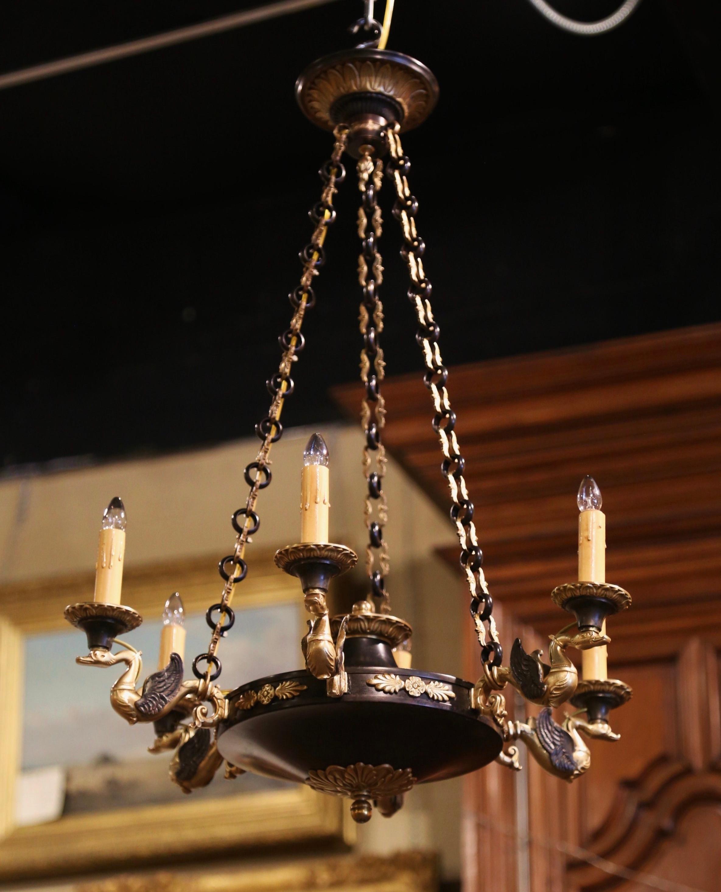 Pair of 19th Century French Empire Two-Tone Bronze Dore Six-Light Chandeliers In Excellent Condition In Dallas, TX
