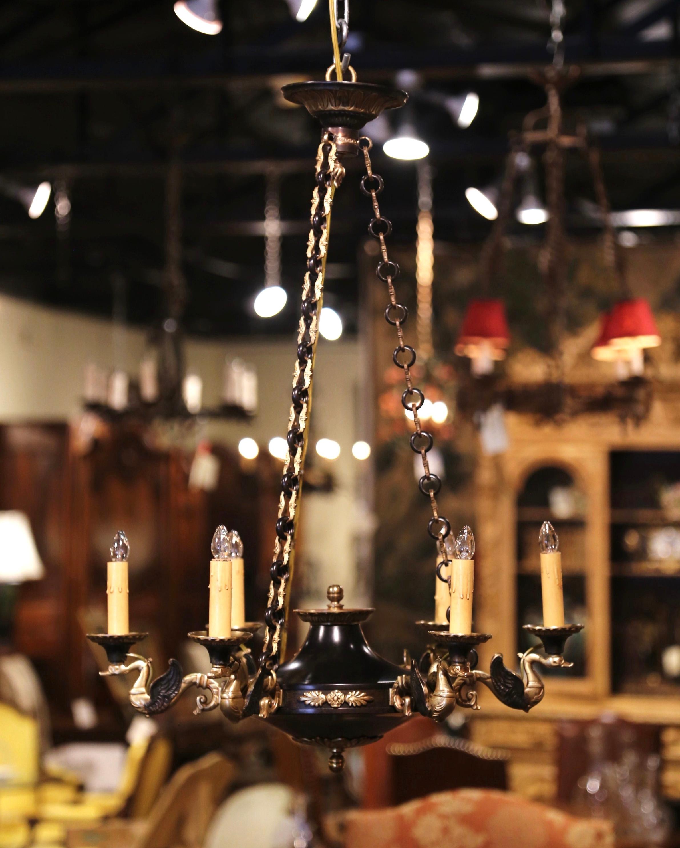 Pair of 19th Century French Empire Two-Tone Bronze Dore Six-Light Chandeliers 3