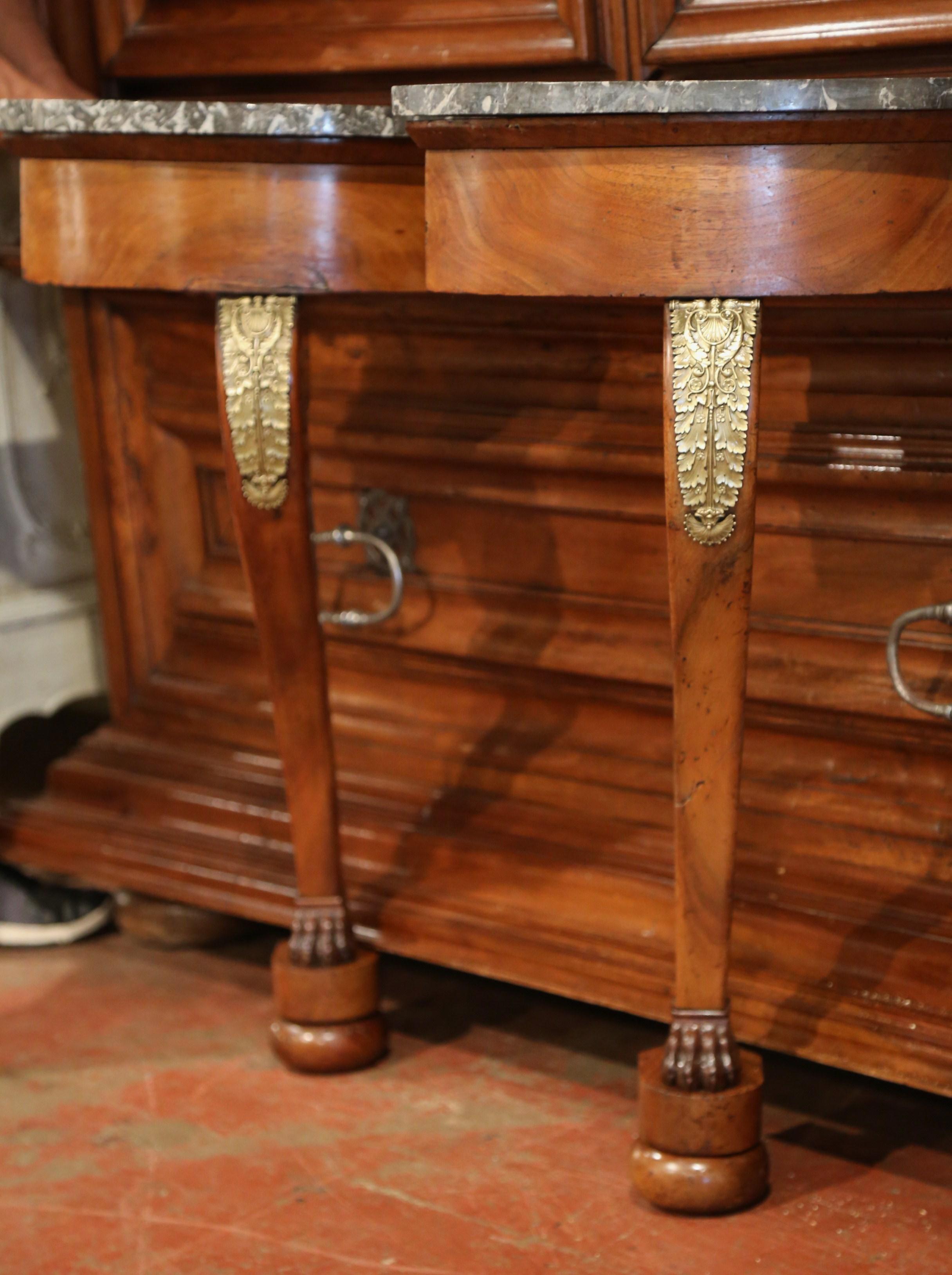 Pair of 19th Century French Empire Walnut Corner Consoles with Grey Marble Top In Excellent Condition For Sale In Dallas, TX