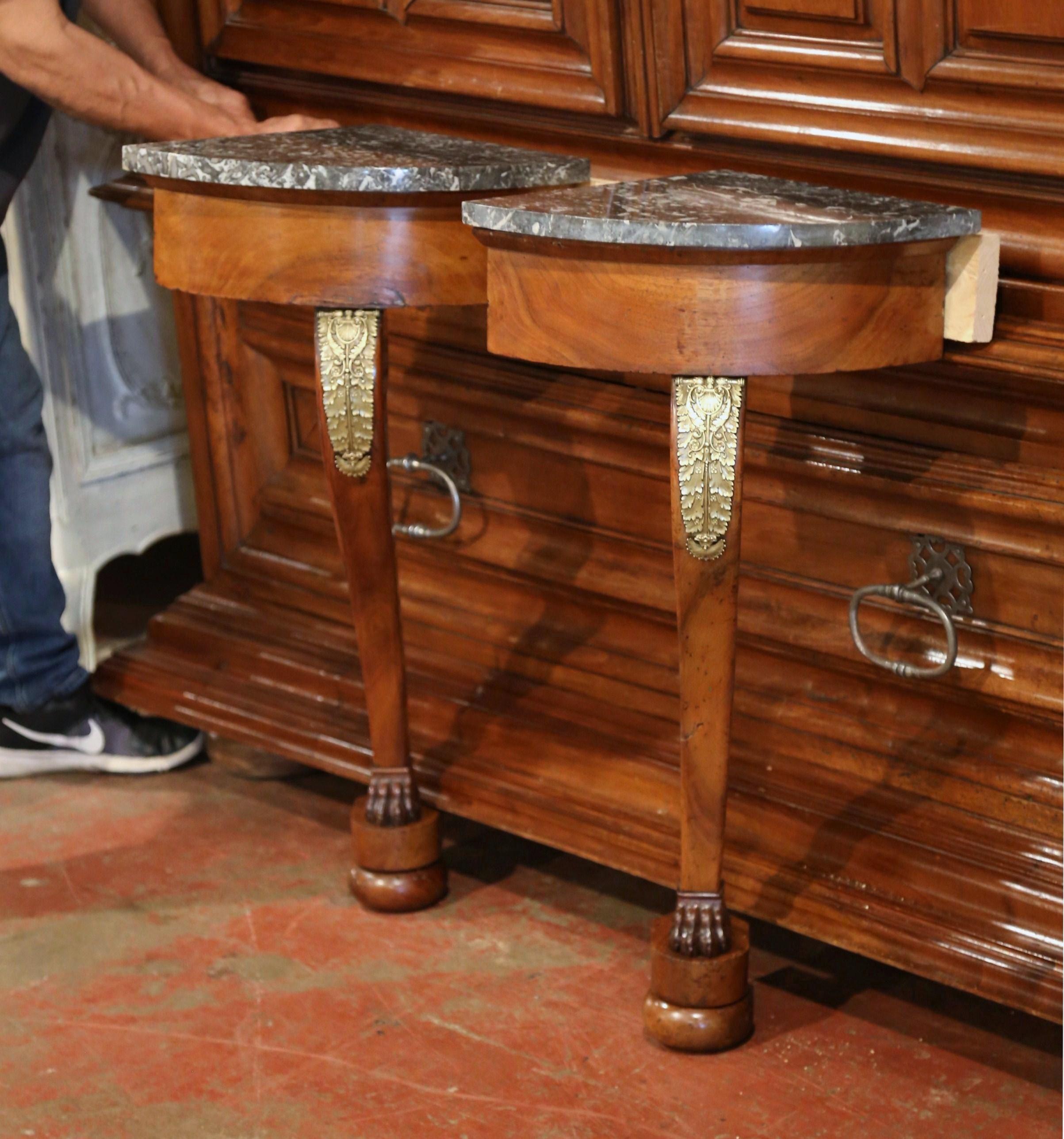 Pair of 19th Century French Empire Walnut Corner Consoles with Grey Marble Top For Sale 2