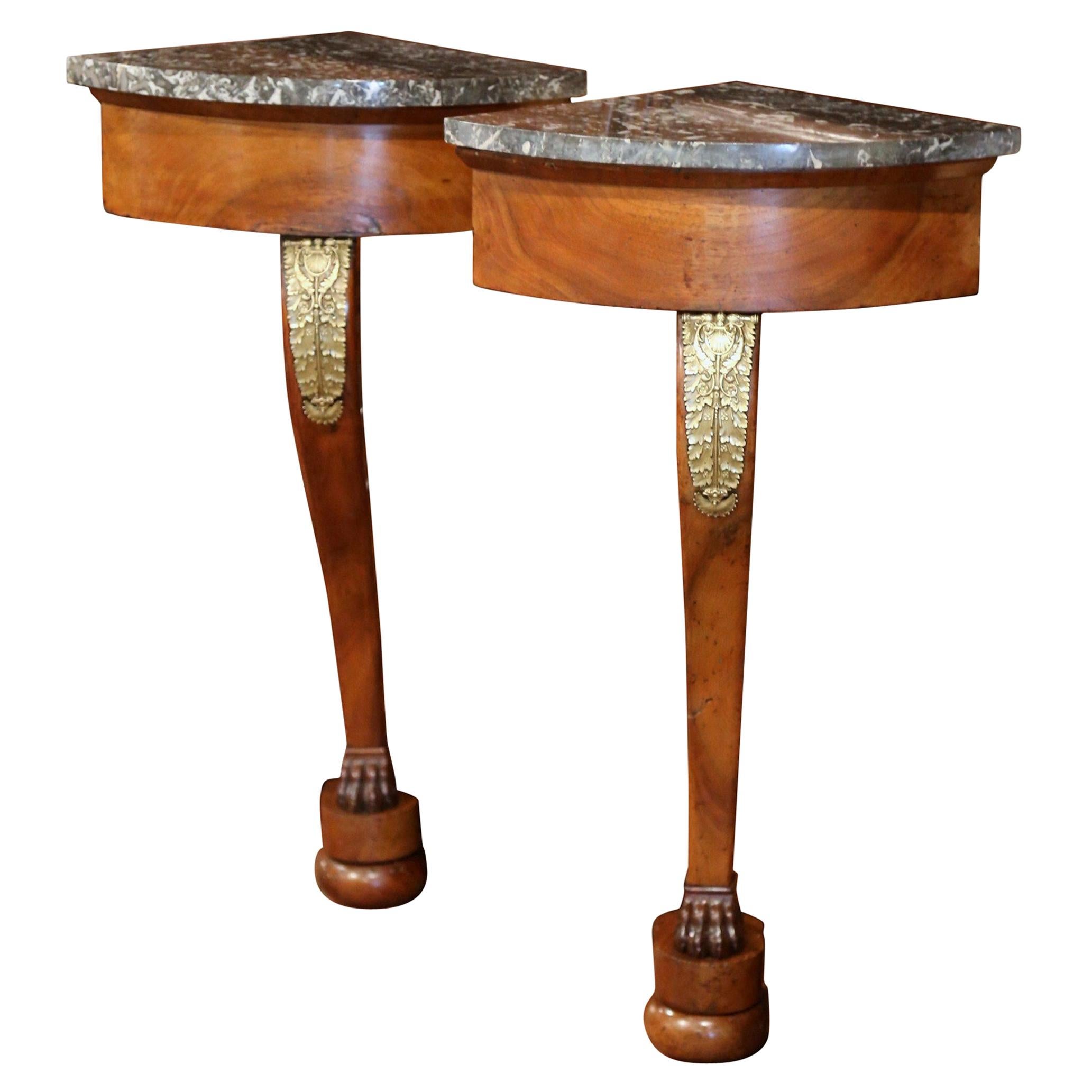 Pair of 19th Century French Empire Walnut Corner Consoles with Grey Marble Top For Sale