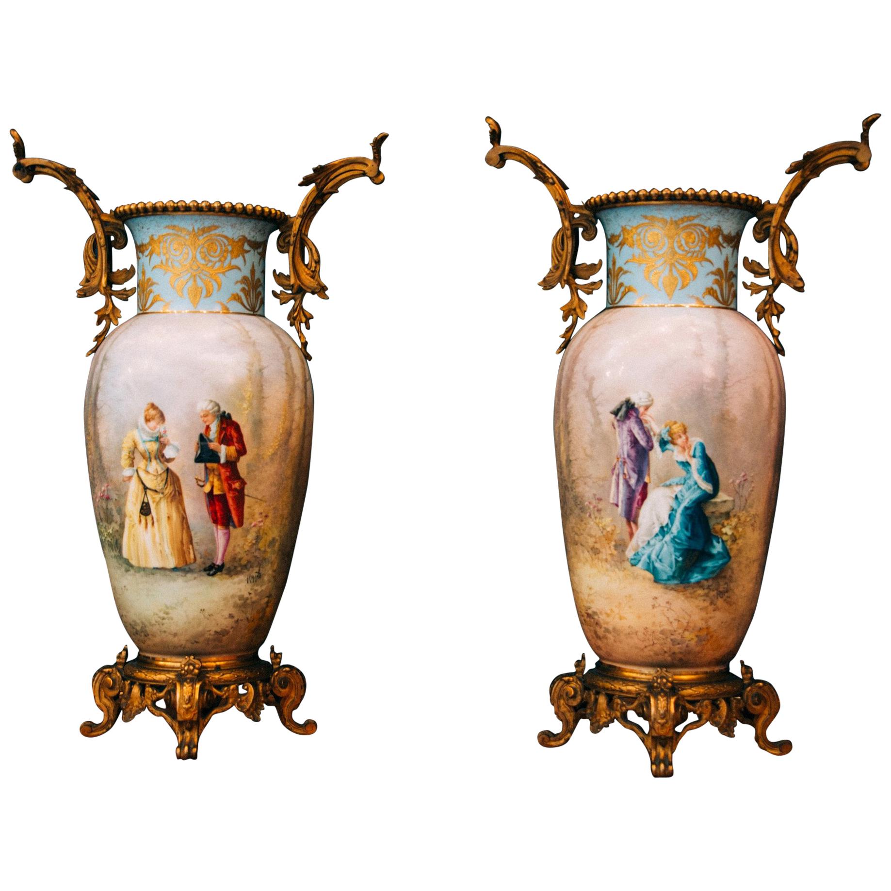 Pair of 19th Century French Enamel on Copper & Pearl Sevres Vases For Sale
