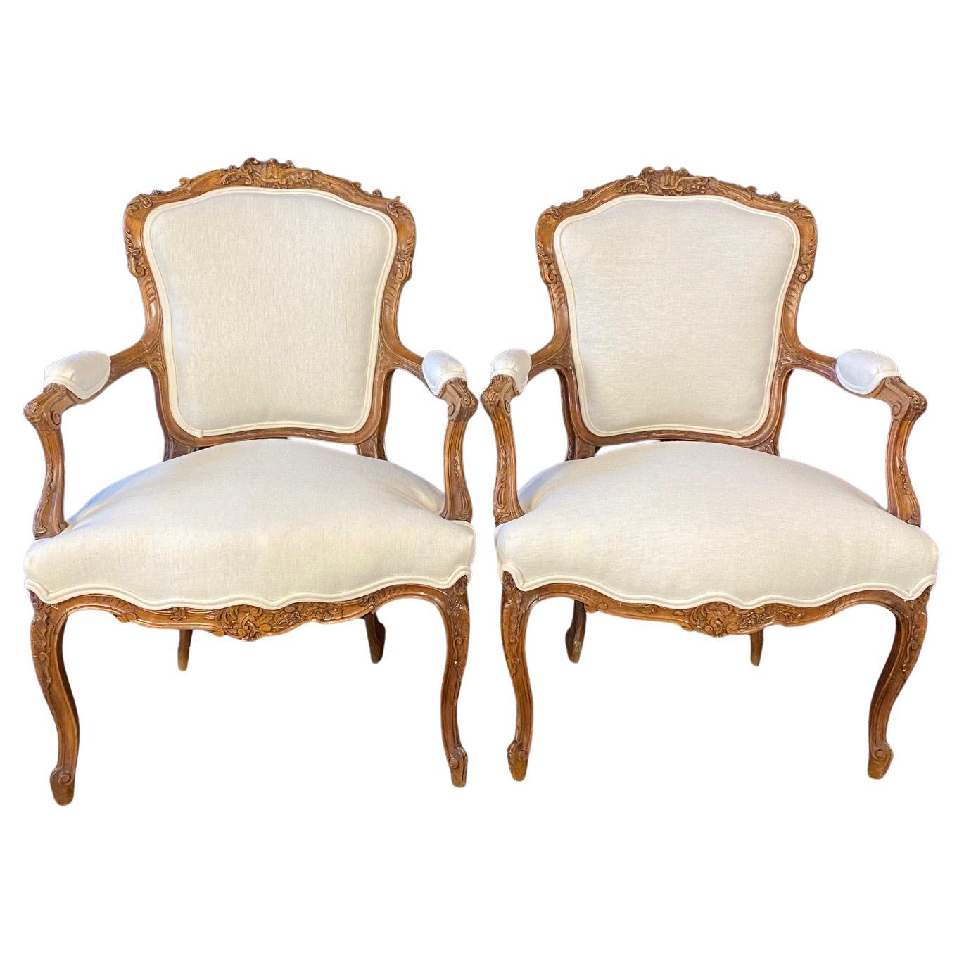 Pair of 19th Century French Exquisitely Carved Louis XV Arm Chairs