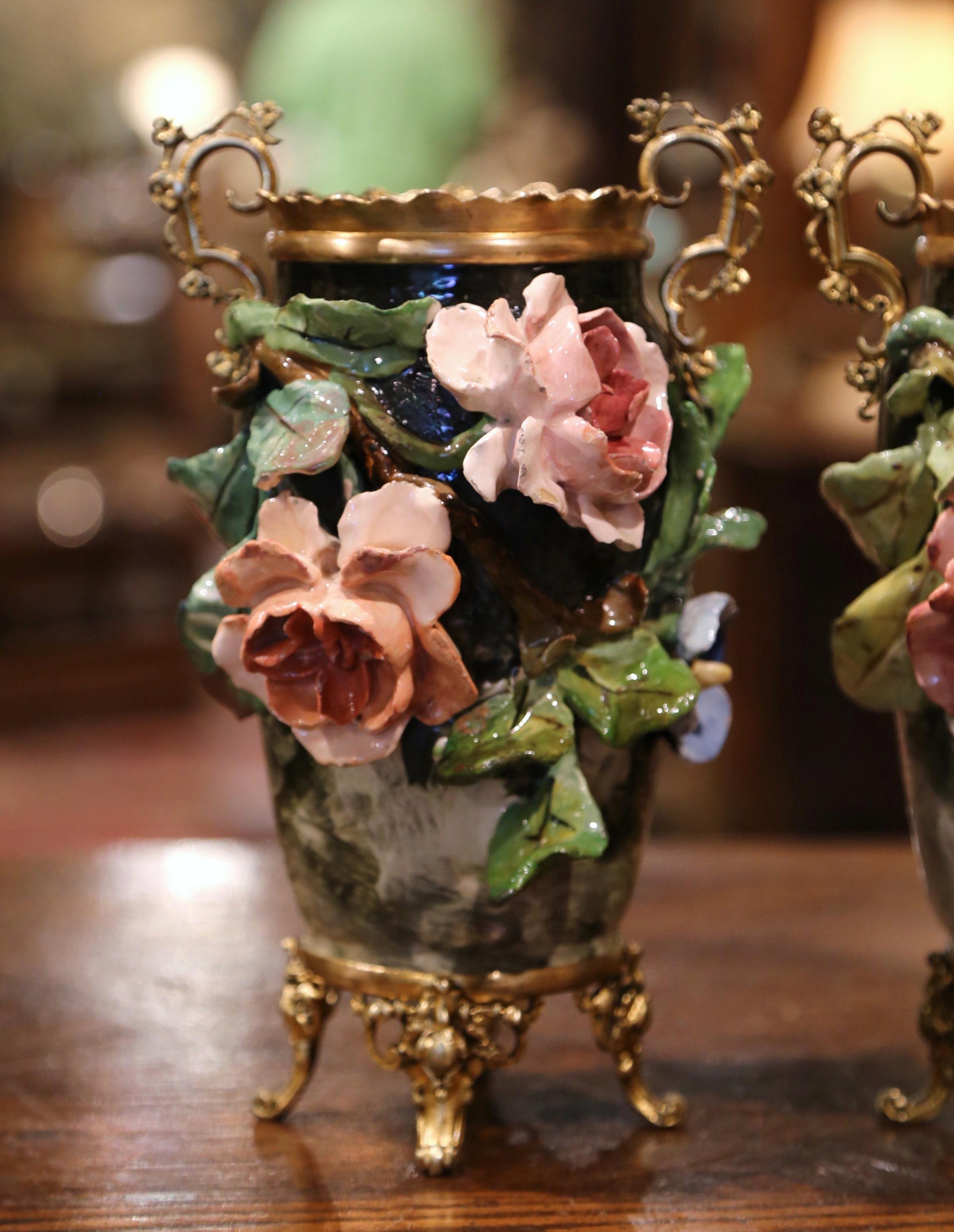 Hand-Carved Pair of 19th Century French Faience and Brass Barbotine Vases with Floral Decor