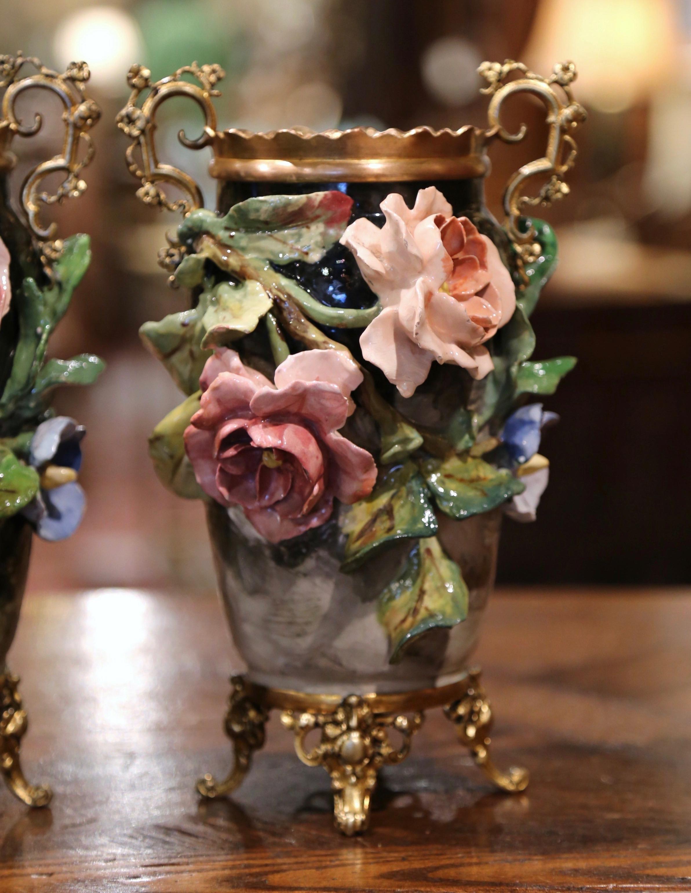 Pair of 19th Century French Faience and Brass Barbotine Vases with Floral Decor In Excellent Condition In Dallas, TX