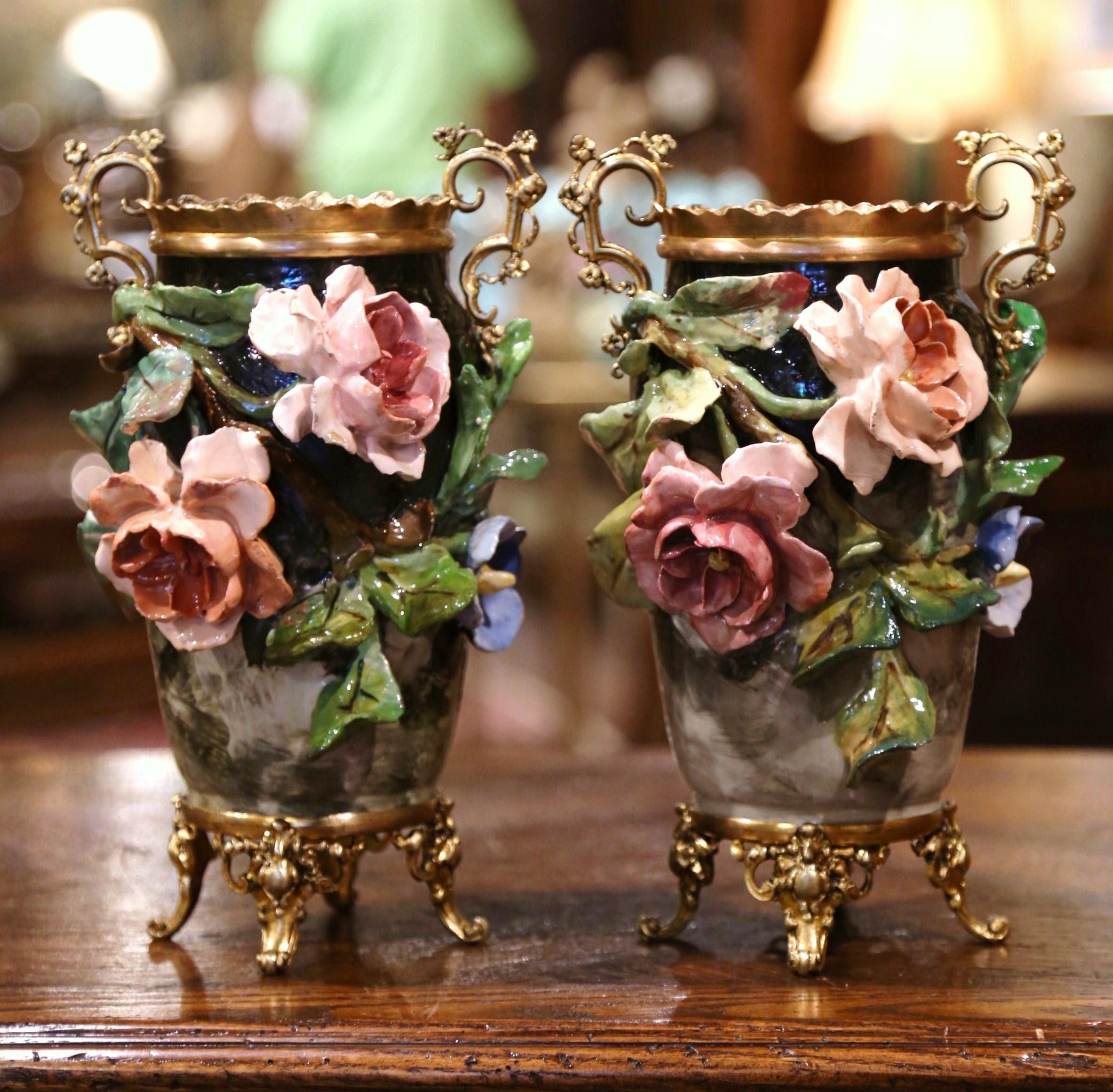 Bronze Pair of 19th Century French Faience and Brass Barbotine Vases with Floral Decor