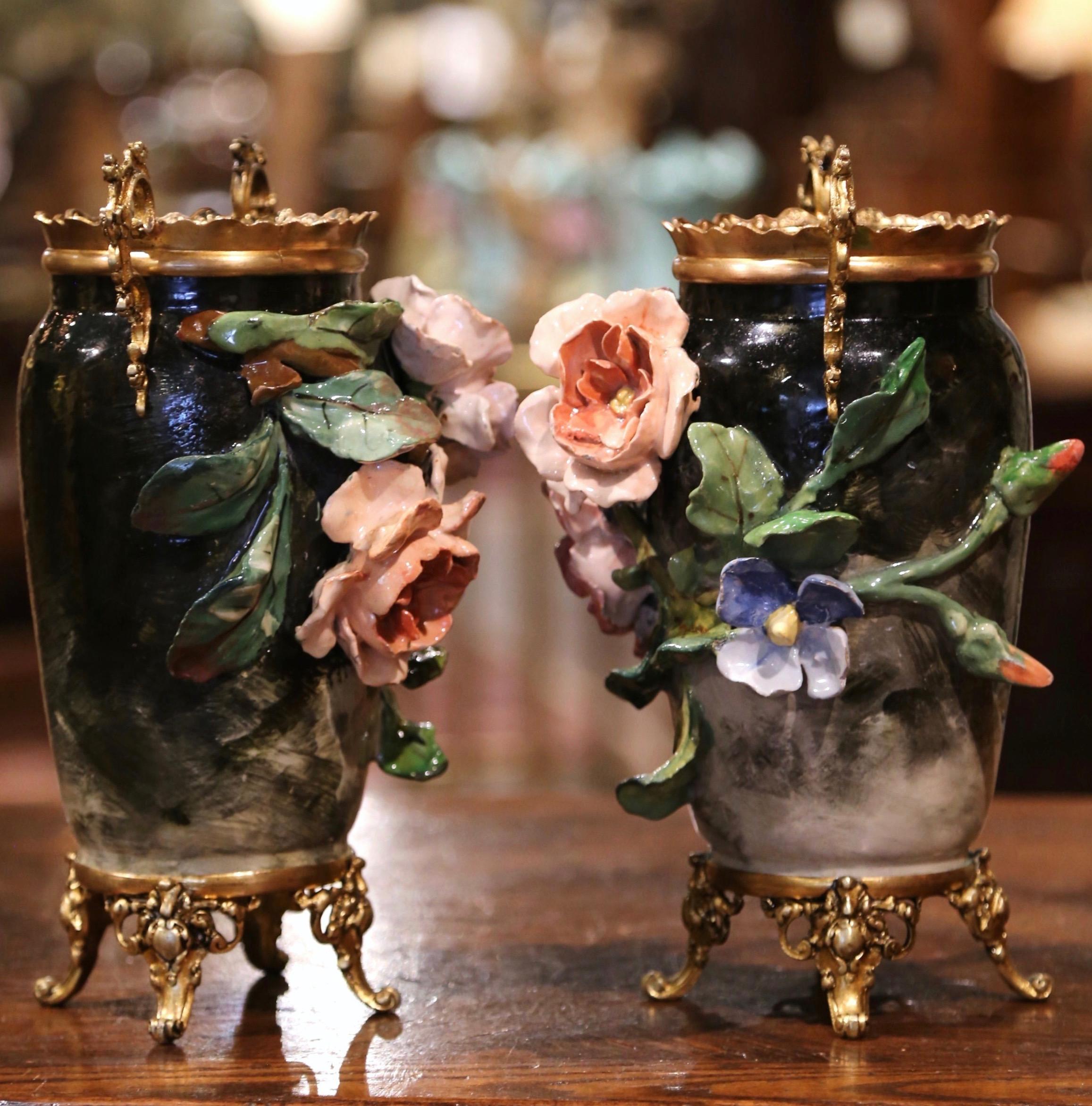 Pair of 19th Century French Faience and Brass Barbotine Vases with Floral Decor 3