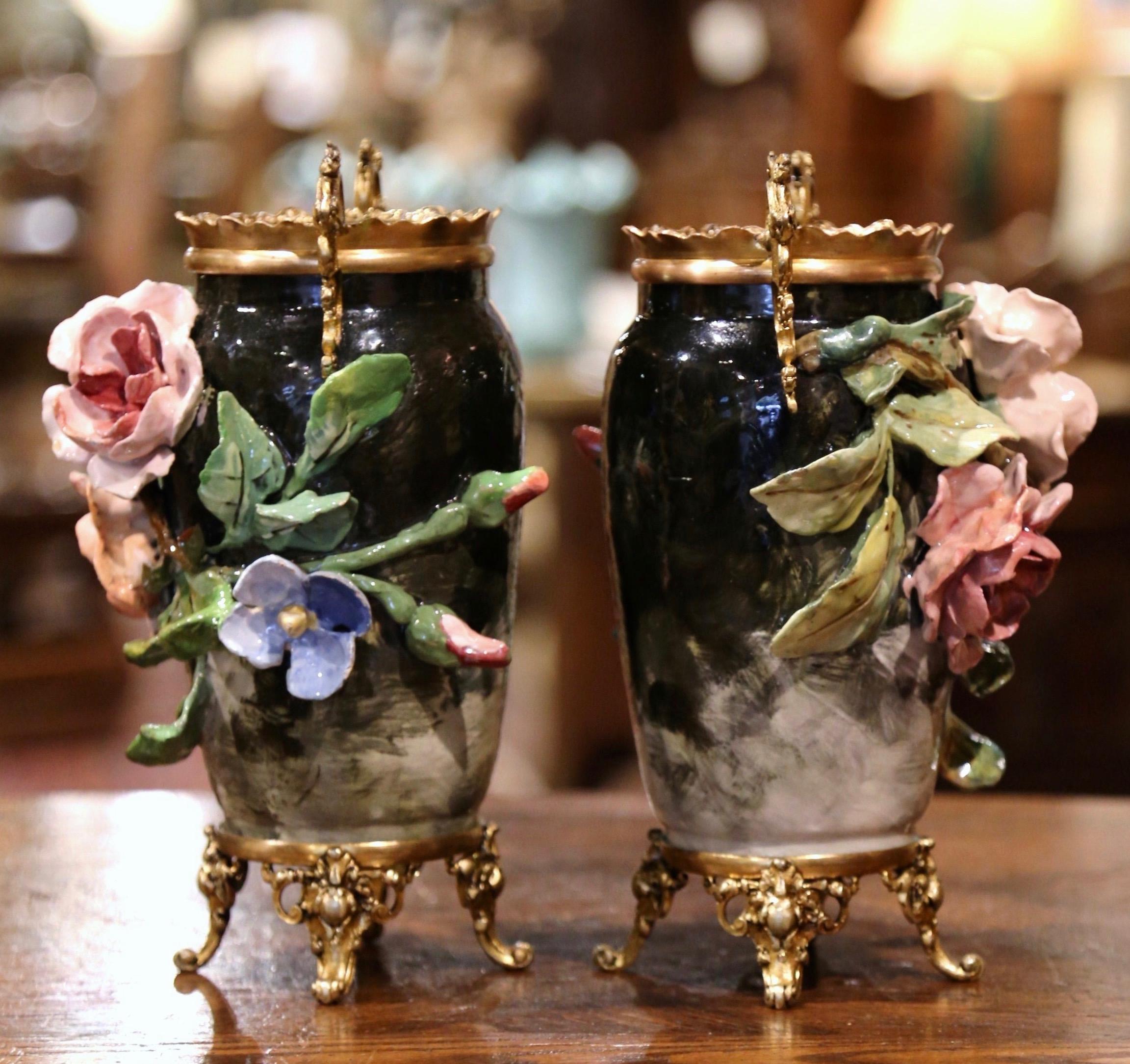 Pair of 19th Century French Faience and Brass Barbotine Vases with Floral Decor 4