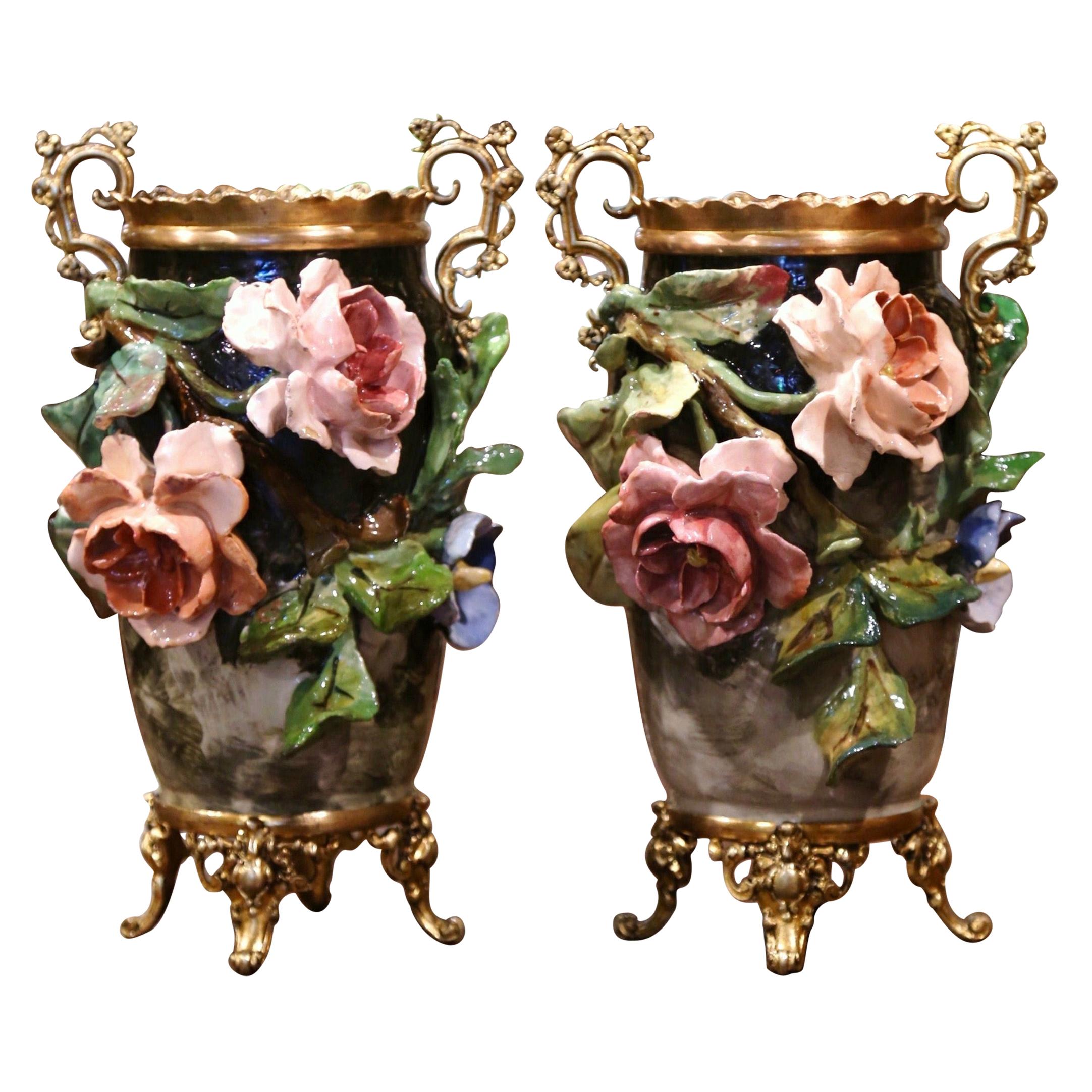 Pair of 19th Century French Faience and Brass Barbotine Vases with Floral Decor
