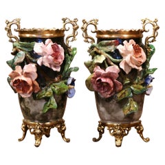 Antique Pair of 19th Century French Faience and Brass Barbotine Vases with Floral Decor