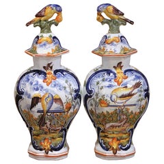 Pair of 19th Century French Faience Bottles with Figural Bird Stoppers
