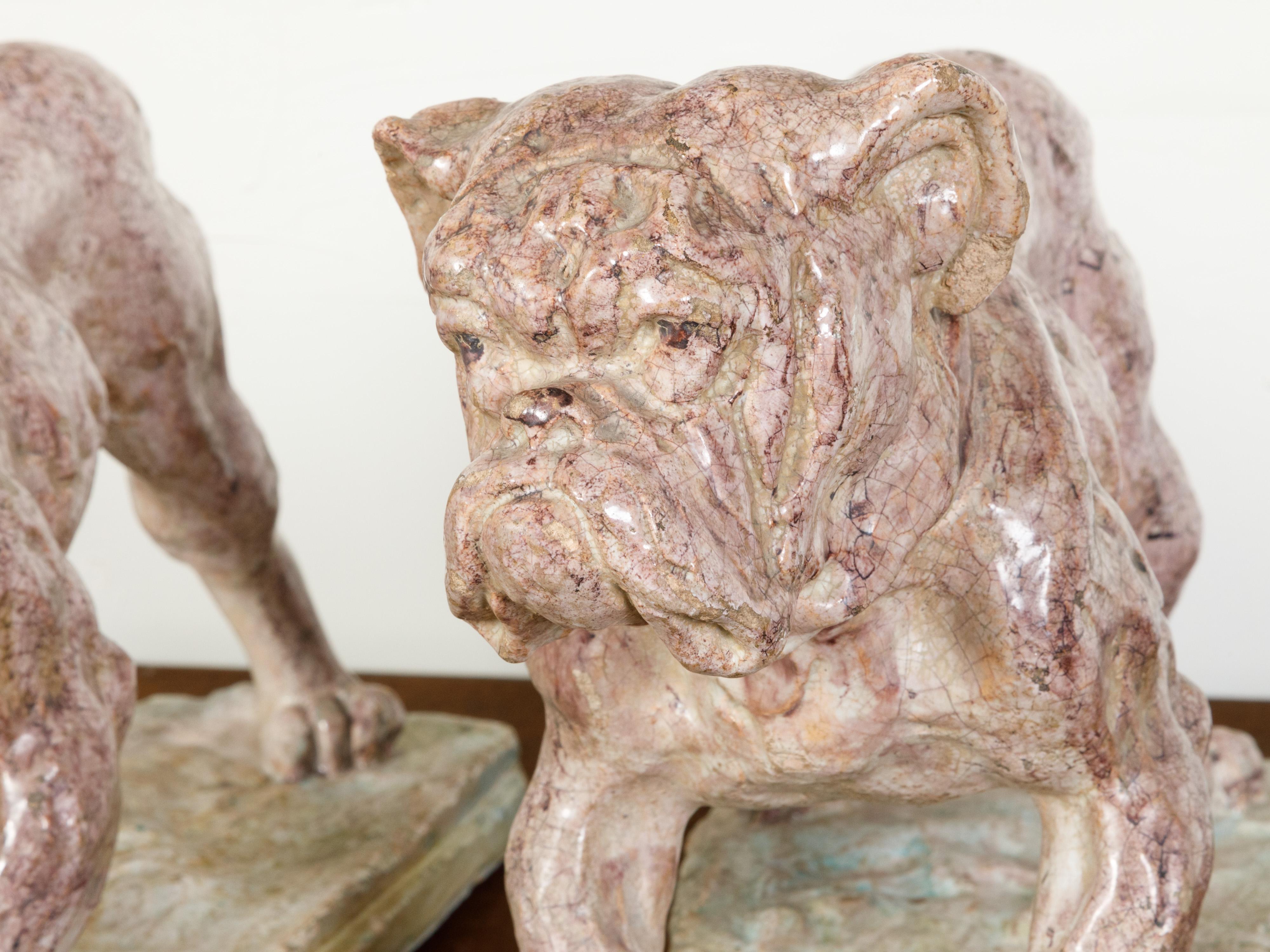 Pair of 19th Century French Faience Bulldog Sculptures on Terracotta Bases In Good Condition For Sale In Atlanta, GA