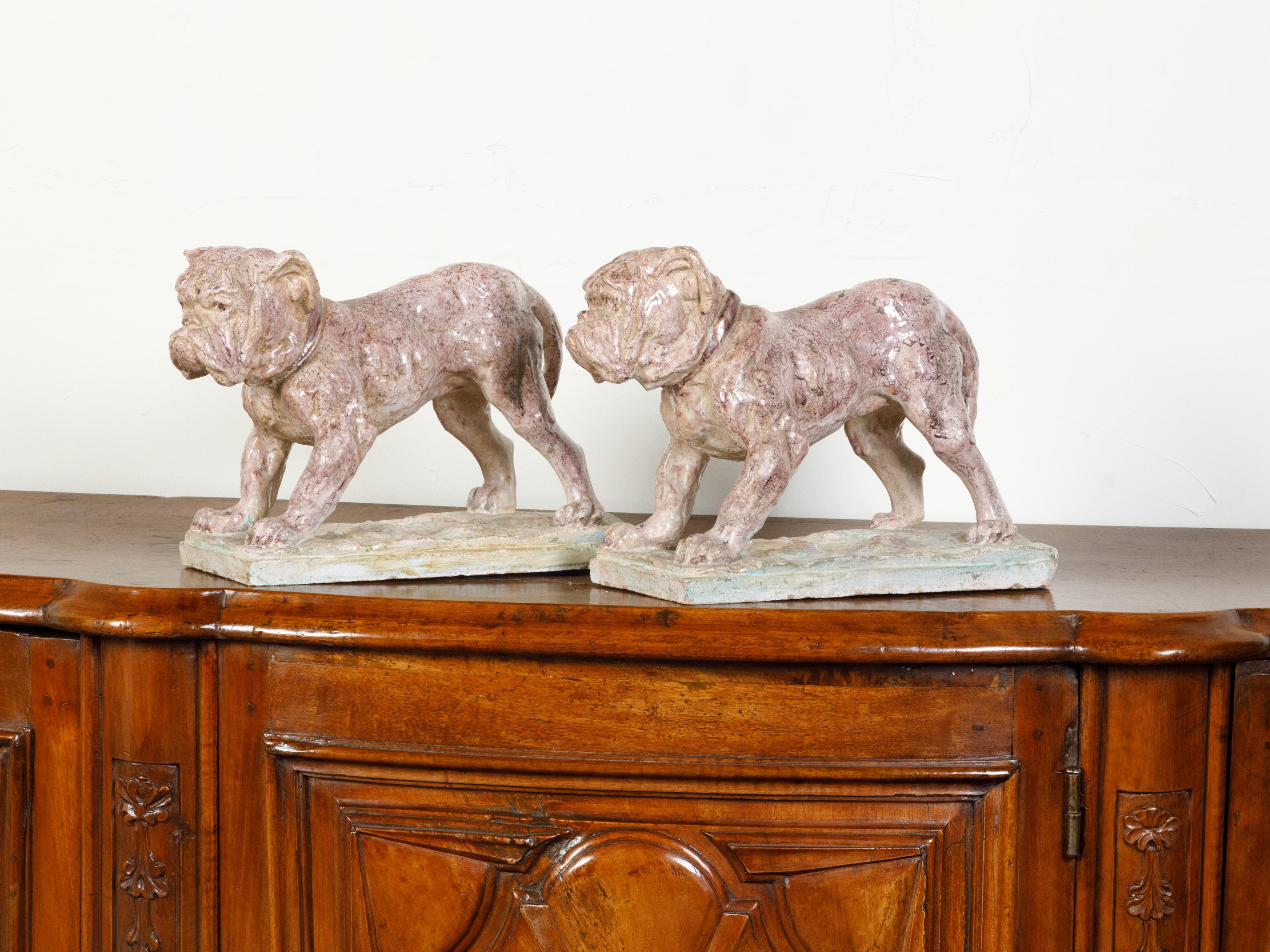 Pair of 19th Century French Faience Bulldog Sculptures on Terracotta Bases For Sale 3