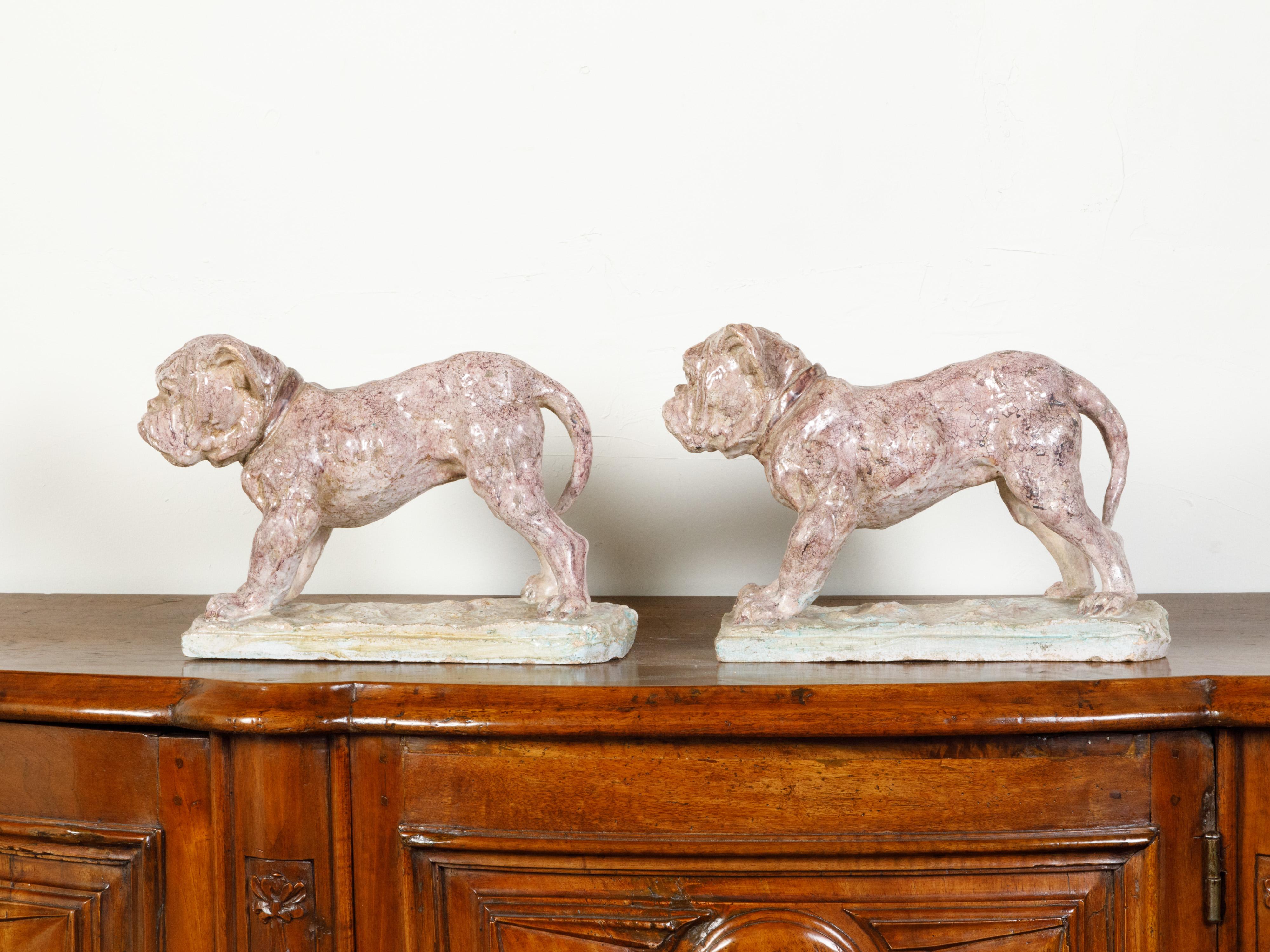 Pair of 19th Century French Faience Bulldog Sculptures on Terracotta Bases For Sale 4
