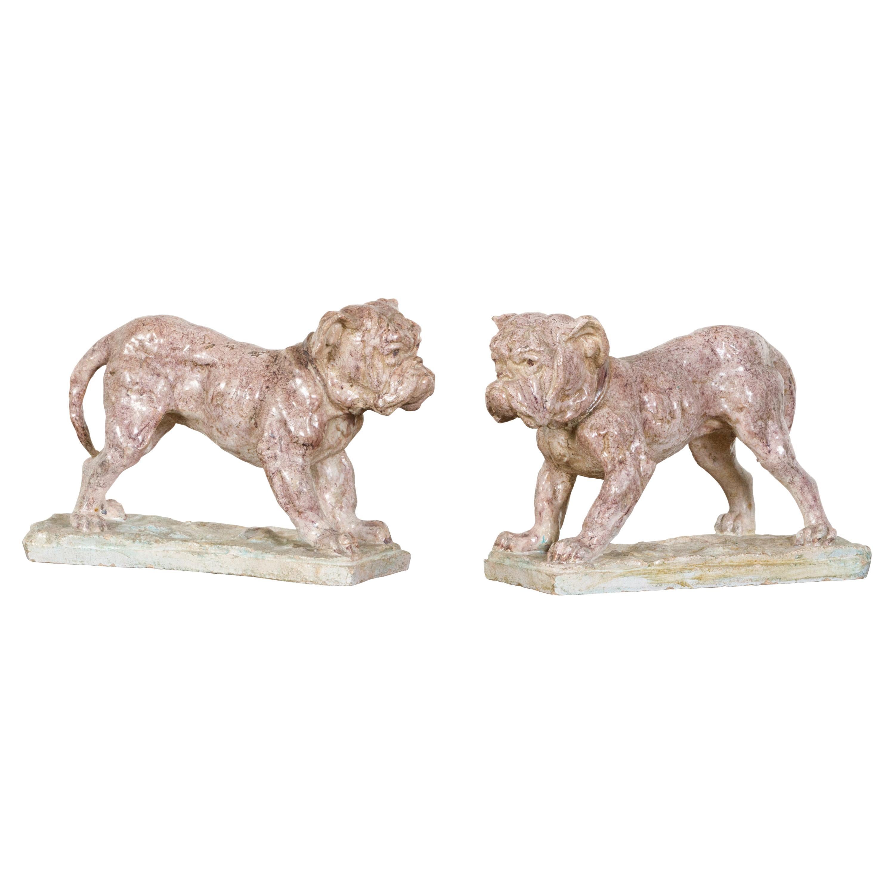 Pair of 19th Century French Faience Bulldog Sculptures on Terracotta Bases For Sale