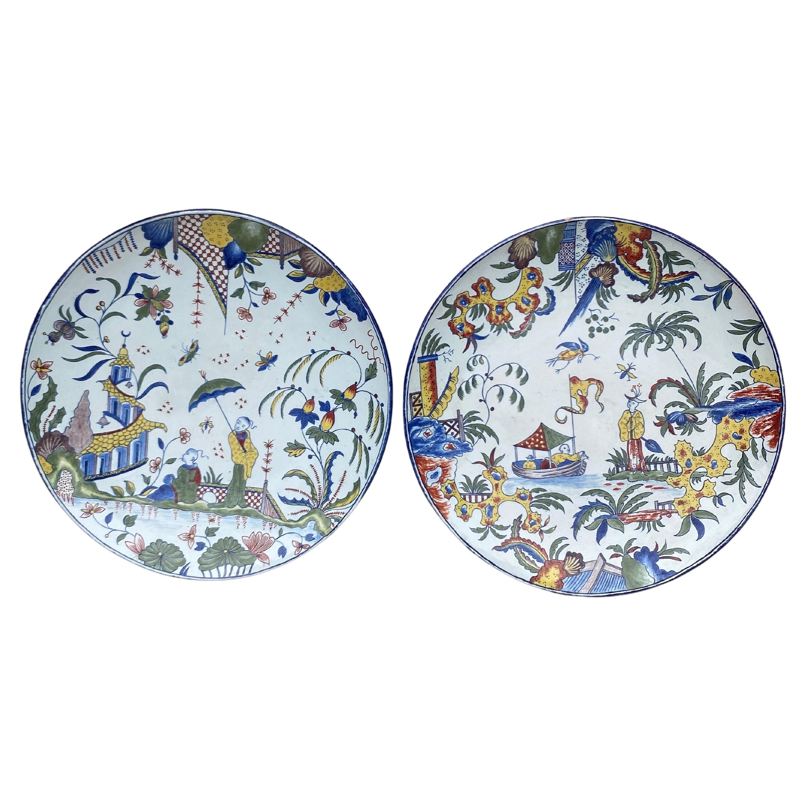 Pair of 19th Century Majolica Chinoiserie Platters signed Angouleme.