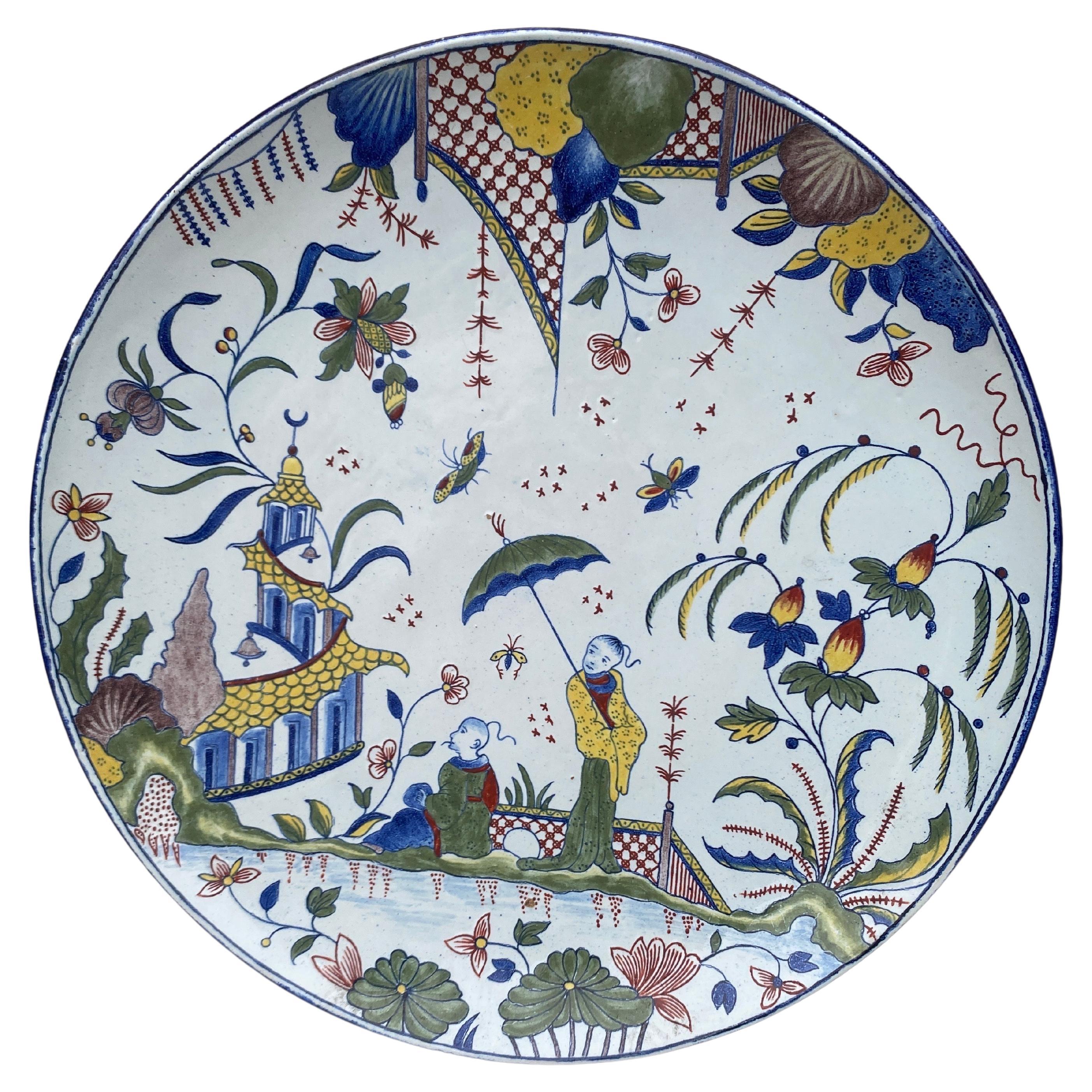 English Pair of 19th Century French Faience Chinoiserie Platters Angouleme For Sale