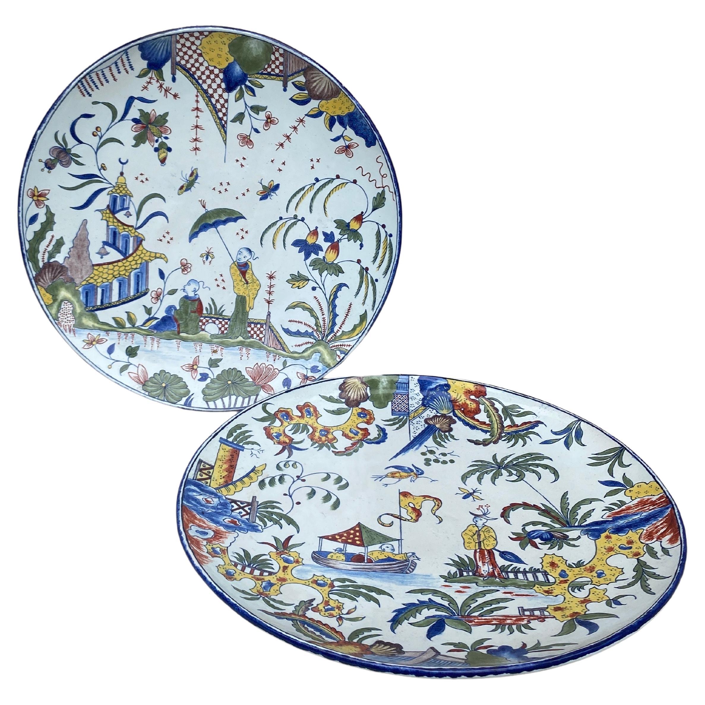 Late 19th Century Pair of 19th Century French Faience Chinoiserie Platters Angouleme For Sale