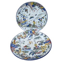 Antique Pair of 19th Century French Faience Chinoiserie Platters Angouleme