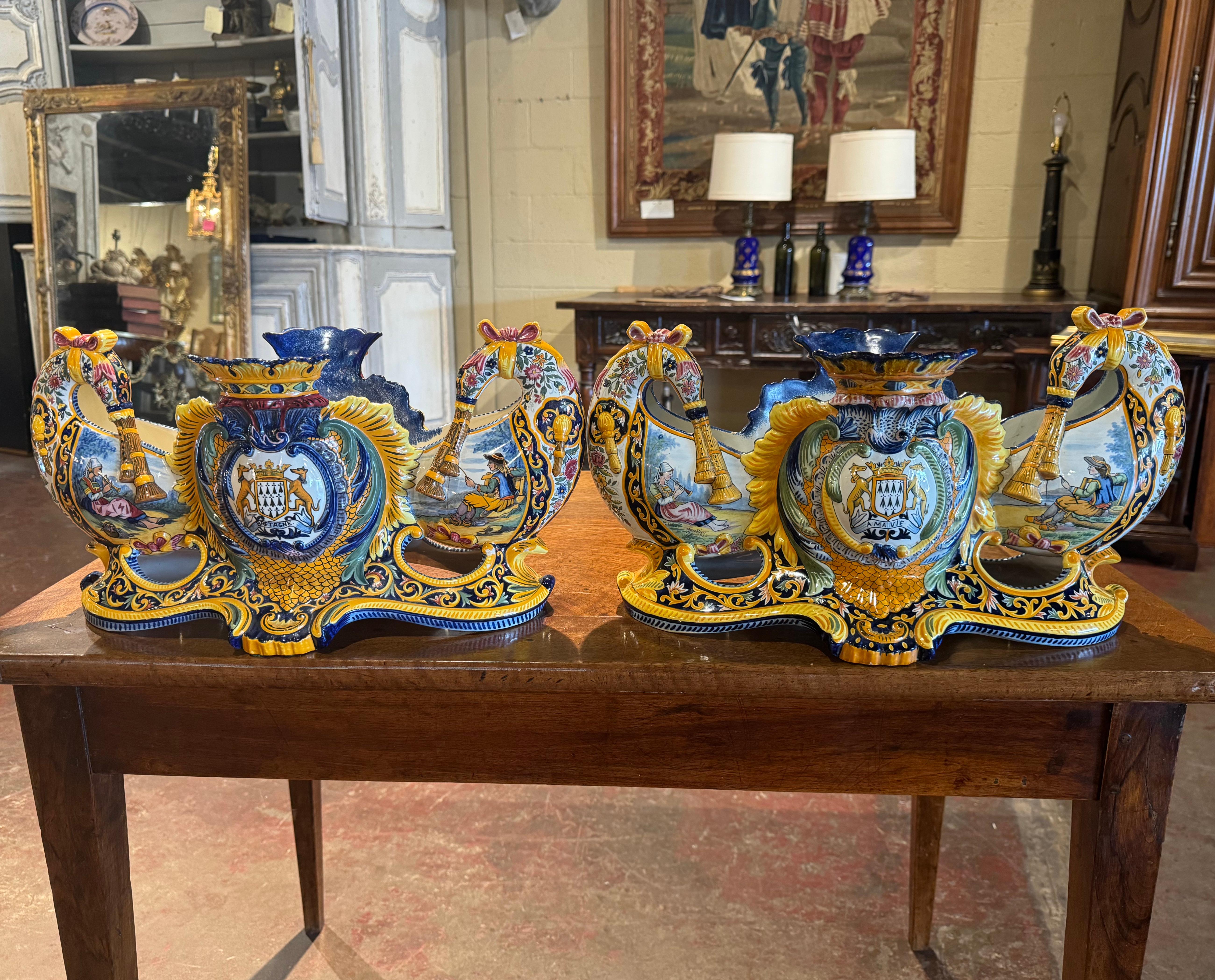 Hand-Painted Pair of 19th Century French Faience Jardinieres Signed Henriot Quimper